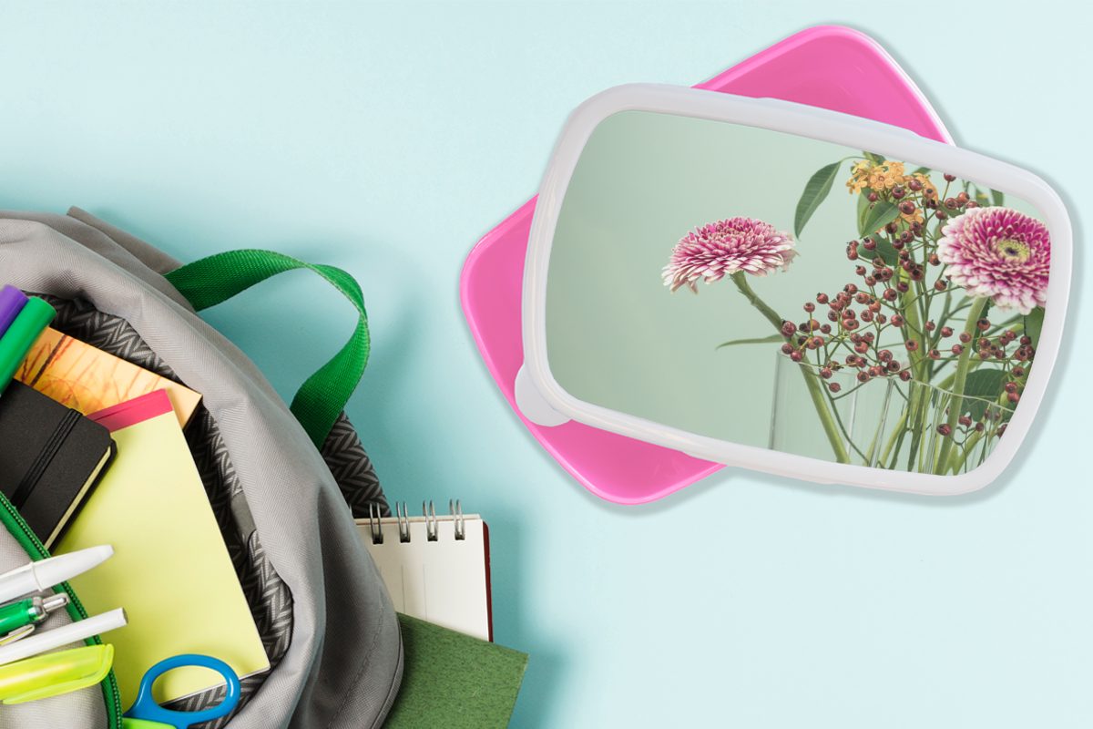 Lunchbox Vase Mädchen, - Snackbox, Kunststoff, Kinder, Erwachsene, für - rosa MuchoWow (2-tlg), Blumen Brotbox Blumenstrauß, Kunststoff Brotdose