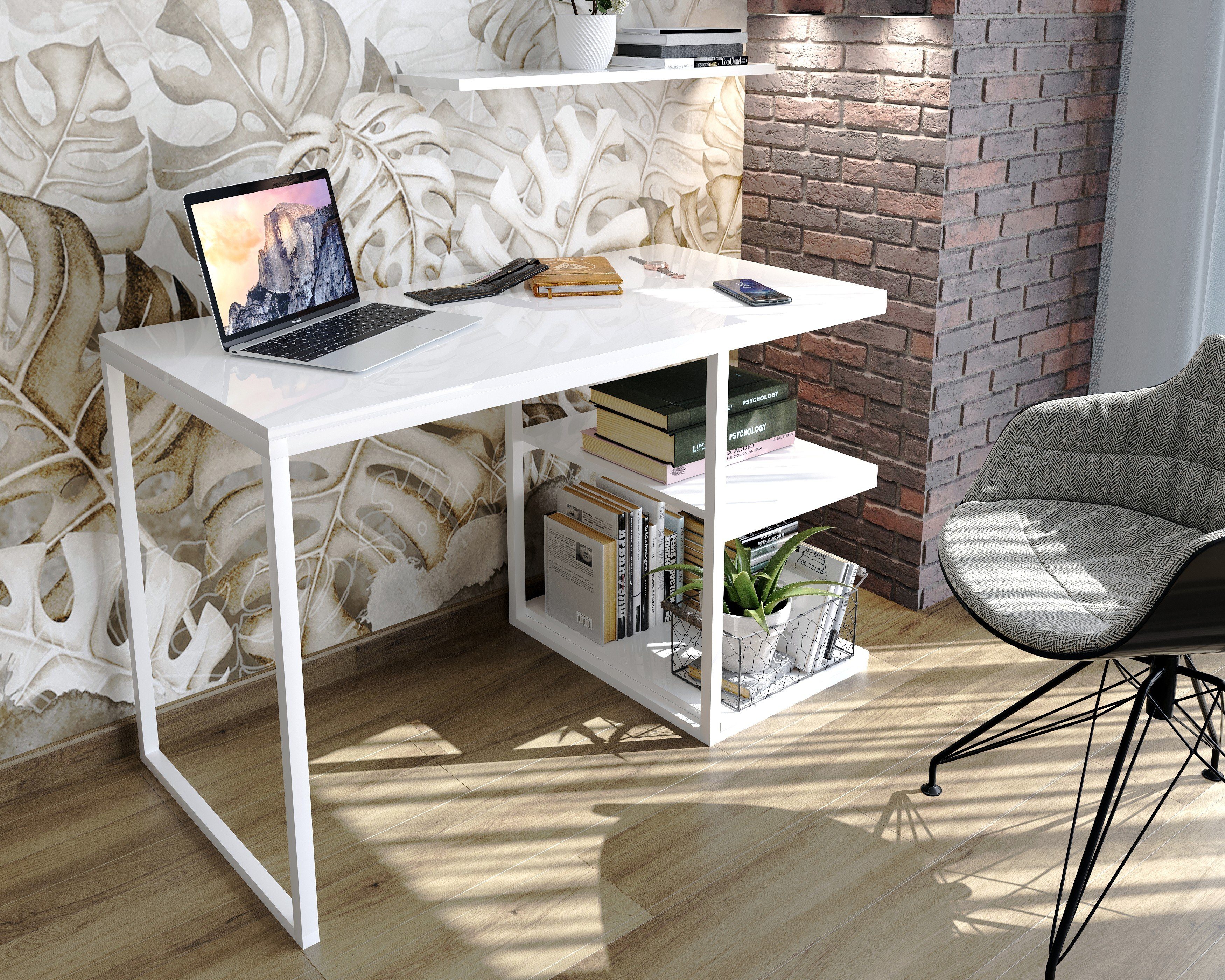 Schreibtisch Weiß Hochglanz Domando Schreibtisch 120cm, Capoliveri, Metallgestell Weiß Breite und pulverbeschichtet