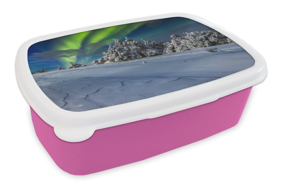 Kinder, Snackbox, MuchoWow Schnee Mädchen, Winter, Erwachsene, Kunststoff, Nordlichter Brotbox Kunststoff Baum (2-tlg), rosa - - Brotdose für - Lunchbox