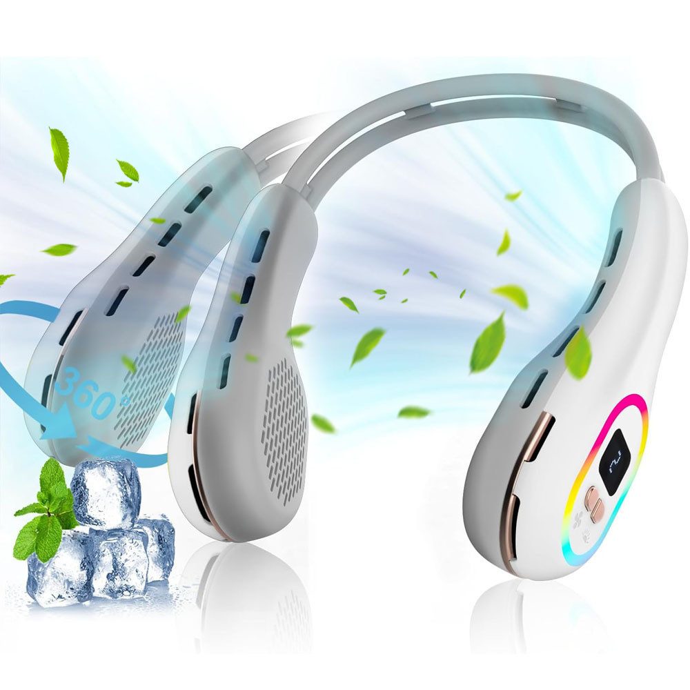 MOPUEA Umhängeventilator Tragbarer Nackenventilator 360° Windrichtung einstellbarer, mit RGB LED Ambientebeleuchtung für Reisen Sport Fitness Party