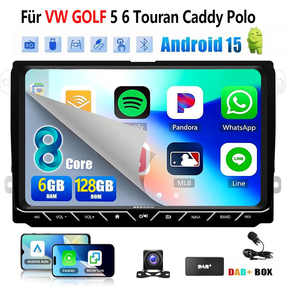 ESSGOO DAB+ Android15 6+128G Carplay GPS 4G Für VW GOLF 5 6 Touran Caddy Polo Autoradio (6GB+128GB, RDS, 4G LTE, FM, AM, DAB+ (optional), Carplay Android Auto Bluetooth EQ USB GPS Navi WIFI Touchscreen)