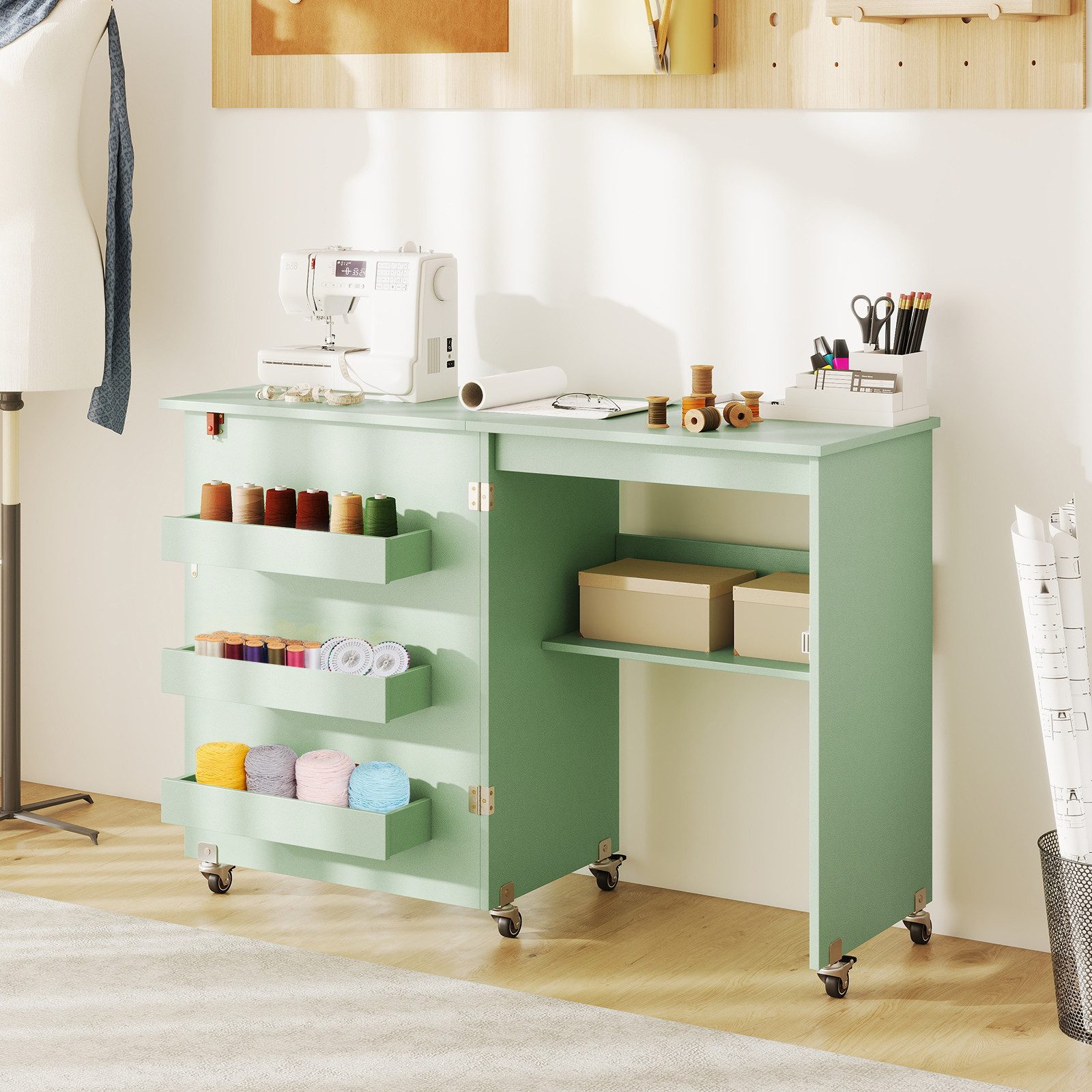 COSTWAY Schreibtisch, Nähtisch klappbar, Nähschrank mit Rollen, Holz