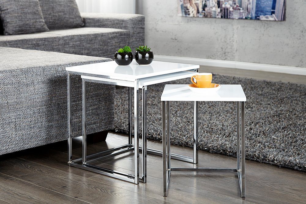 Designer Couchtisch Tisch Beistelltisch Zigon 3er Set Chrom in Weiß Hochglanz 