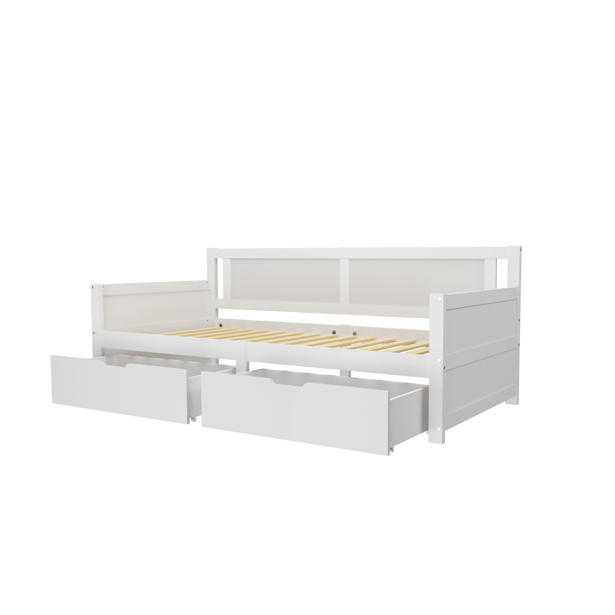 Rutaqian Schlafsofa Einzelbett 90x200cm, Kinderbett, Massivholzbett, Montessori Bett, 1 Teile, Jugendbett mit Lattenrost, 2 Schubladen, stark, grau