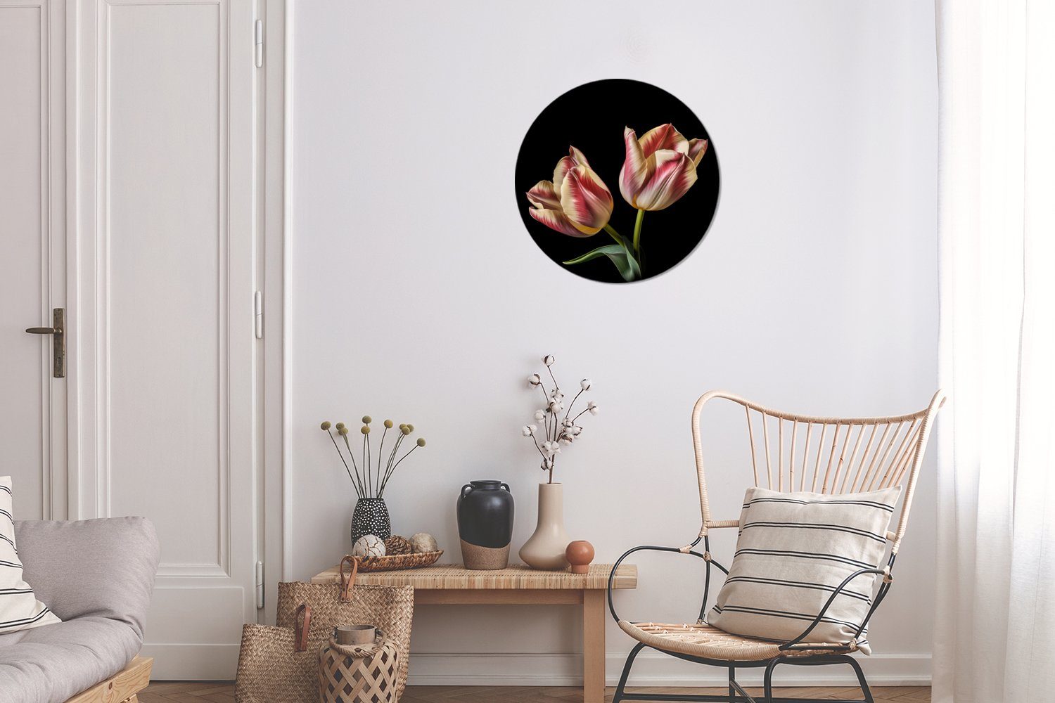 Rund, MuchoWow St), Weiß - Wandsticker - - Tapetenkreis (1 Blumen Rosa Natur Tapetenaufkleber, Tulpen Wohnzimmer für Kinderzimmer, -