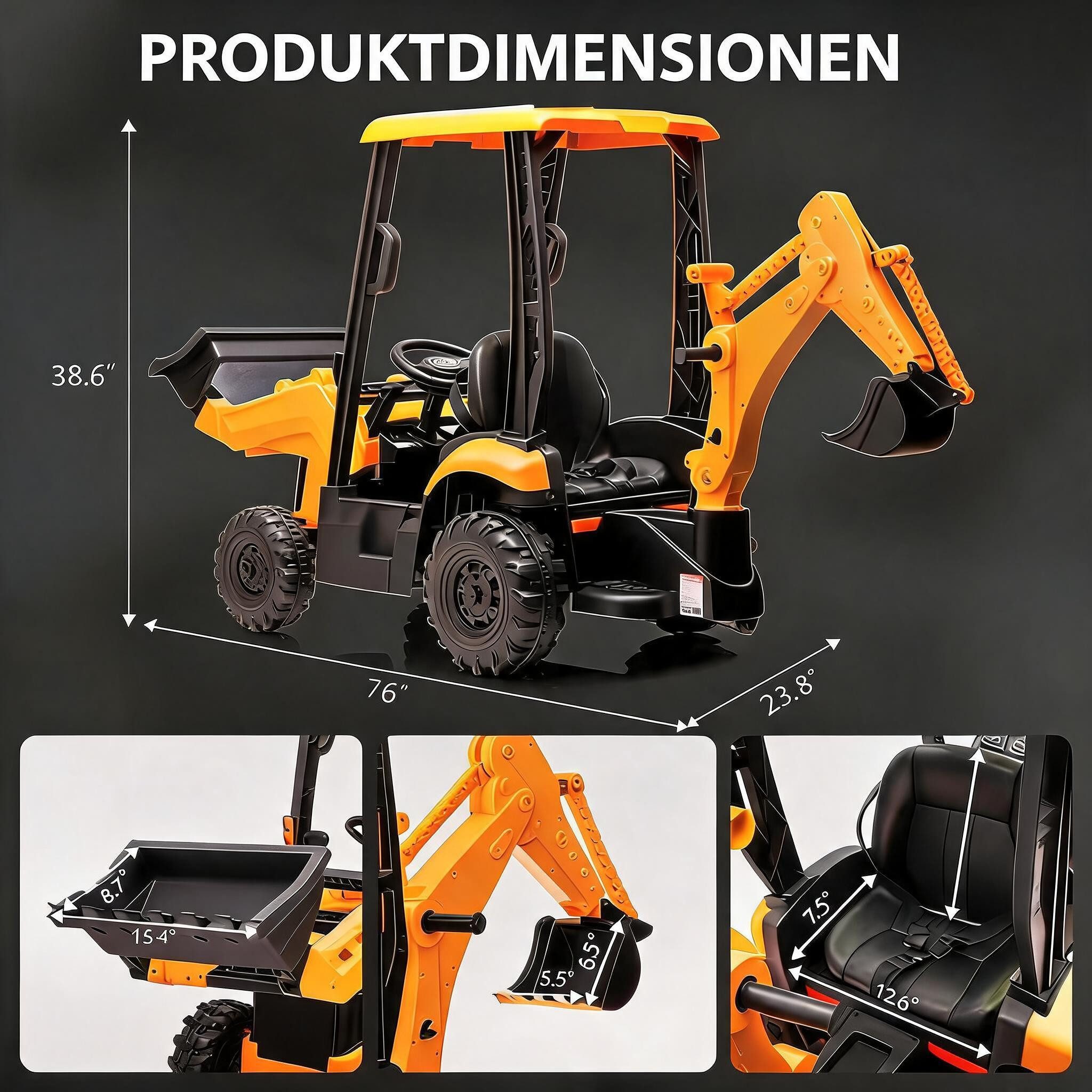 GarveeMore Elektro-Kinderauto 4-in-1 Kinder Elektrofahrzeug 12V, Elektrischer Traktor, Mit Bagger & Frontlader, Hupe, Abnehmbares Dach