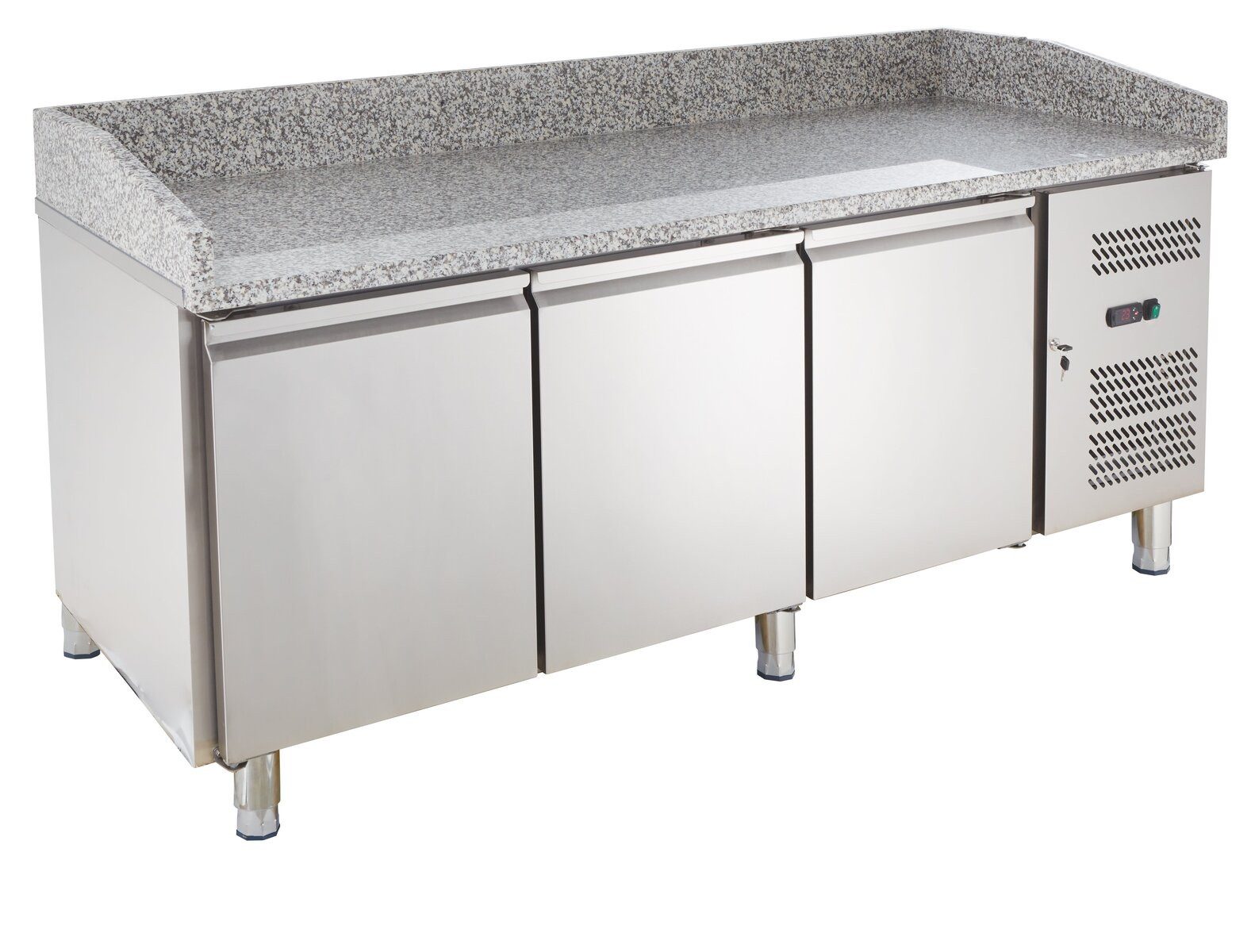 GastroHero Dönergrill Kühlschrank Pizzakühltisch 202 cm Granit 3 Türen Edelstahl, 330 W, Digitale Temperaturanzeige, automatische Abtauung, energieeffizient