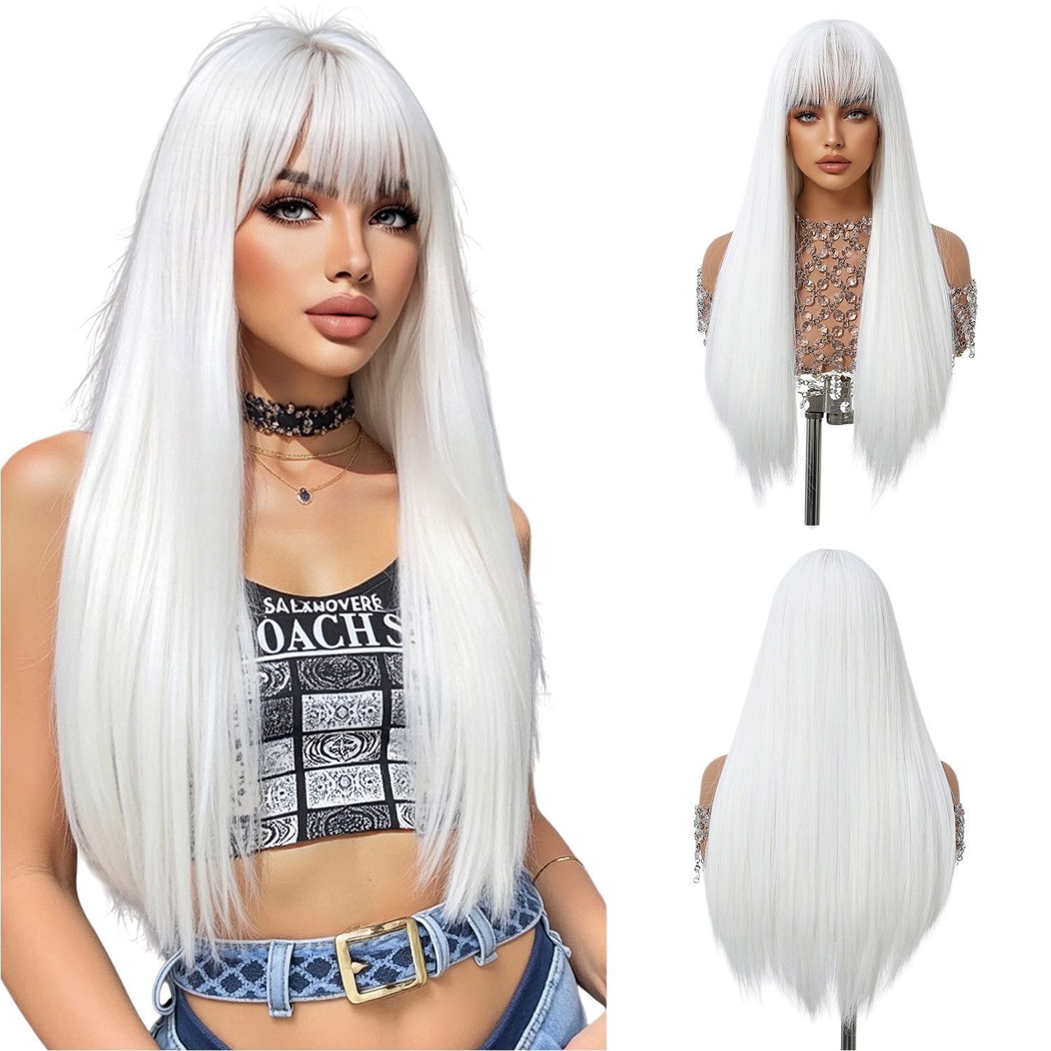 Refttenw Kunsthaarperücke Einstellbar Weiße Perücke mit Pony,Lange gerade Perücke für Frauen