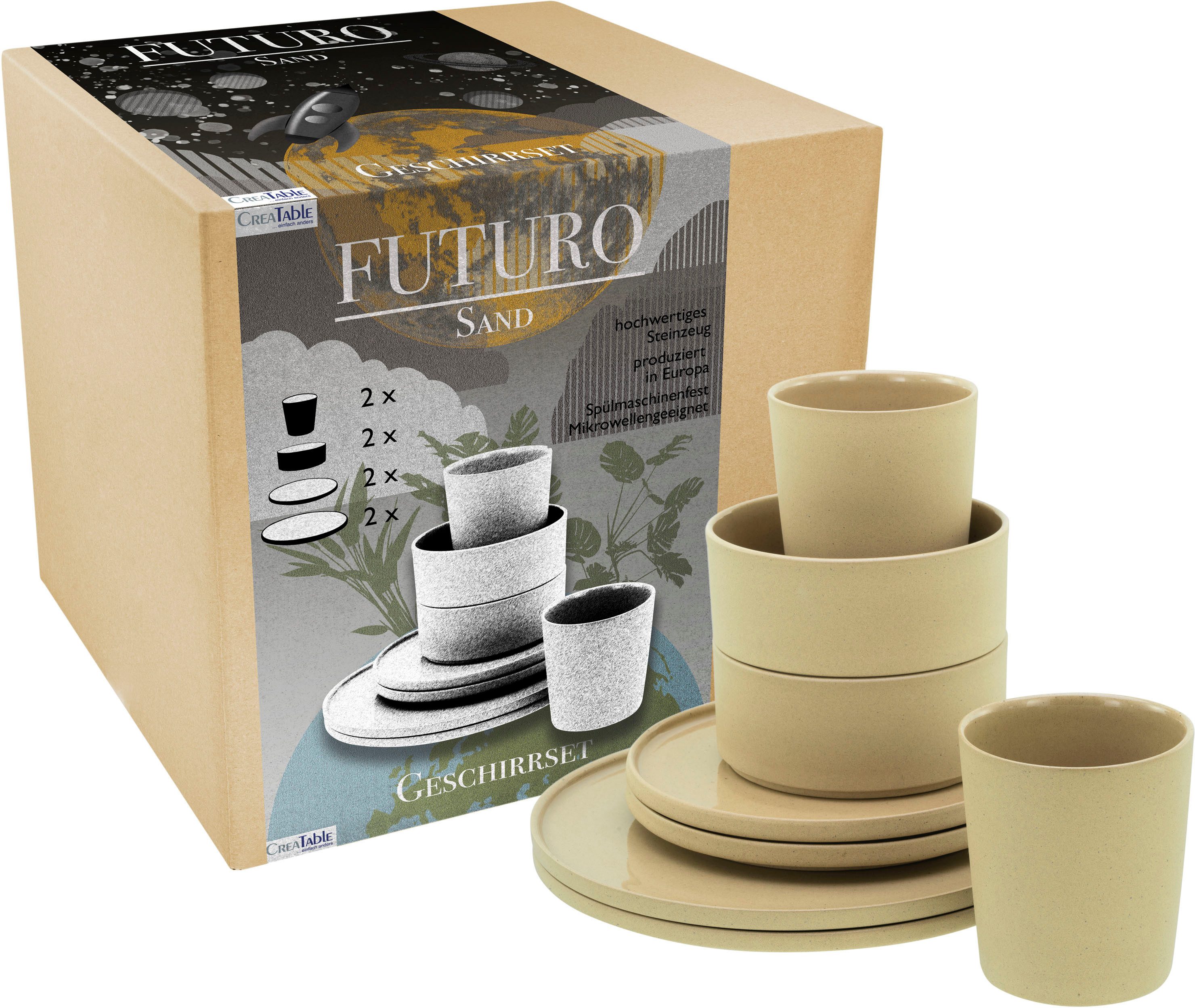 CreaTable Kombiservice Futuro (8-tlg), 2 Personen, Steinzeug, Service, je 2 Speiseteller, Dessertteller, Schalen, Kaffeebecher