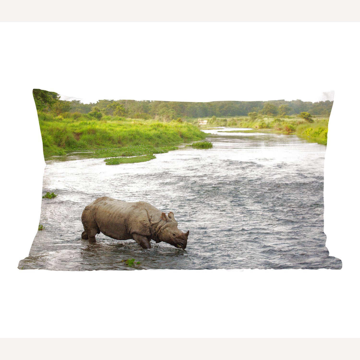Dekokissen MuchoWow Wohzimmer Nashorn mit im Dekokissen Wasser, Dekoration, Füllung, Schlafzimmer Zierkissen,