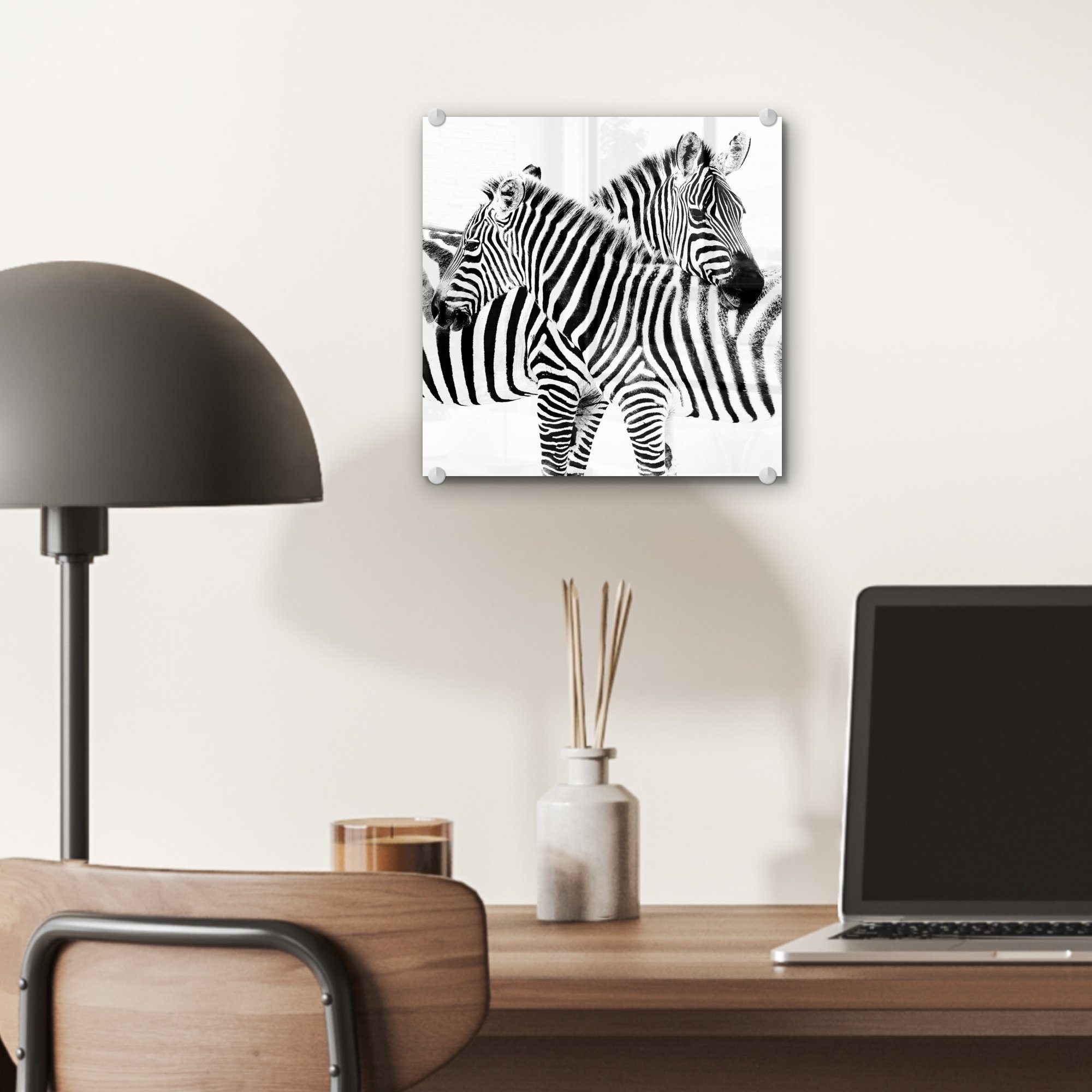 Foto Acrylglasbild Hintergrund, auf Wanddekoration Wandbild - Glas auf Glasbilder Zwei weißem MuchoWow Bilder Glas - St), (1 Zebras auf -