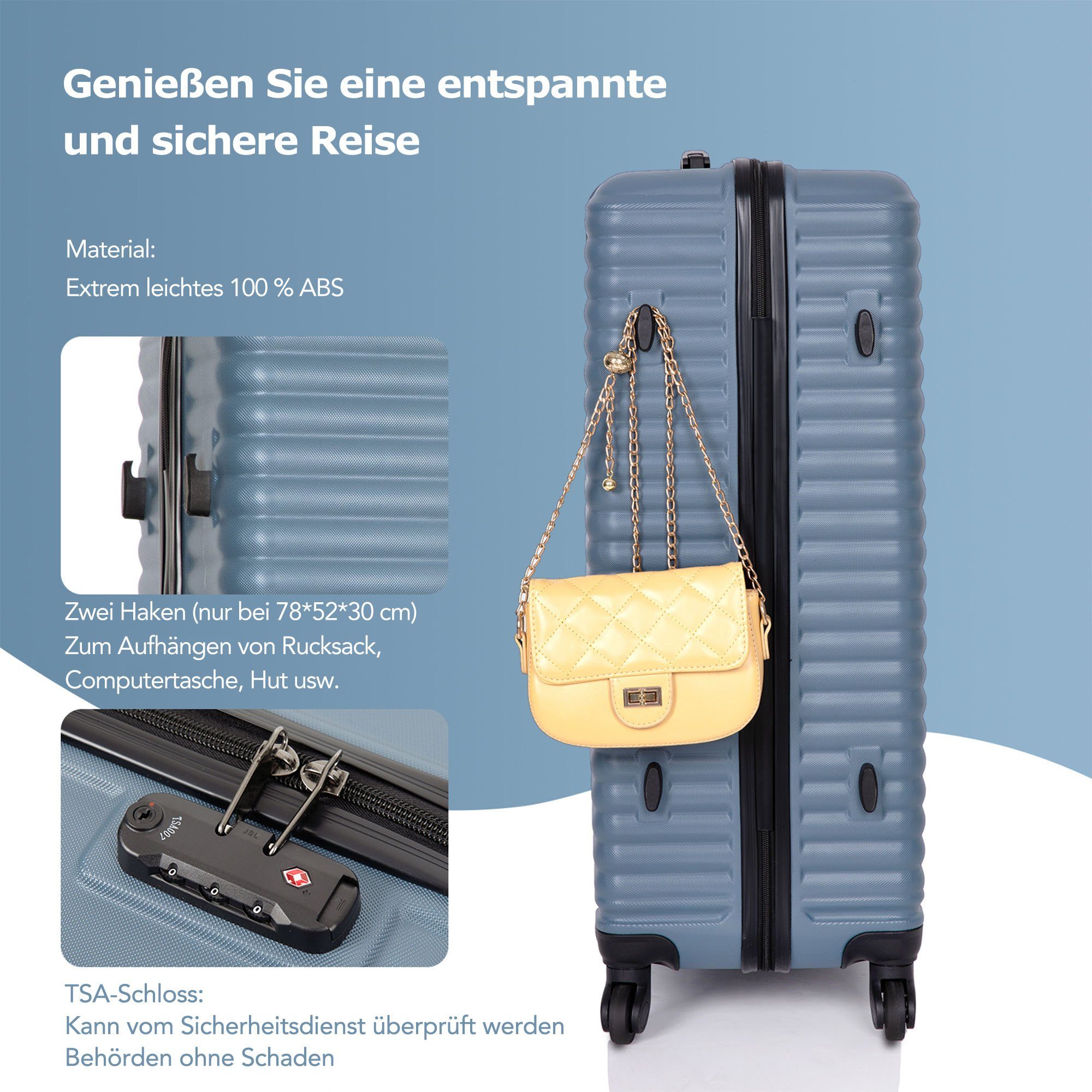 OKWISH Hartschalen-Trolley 4 Reisekoffer, Rollen, 1 Blau Nur Stück Handgepäcktrolley Koffer