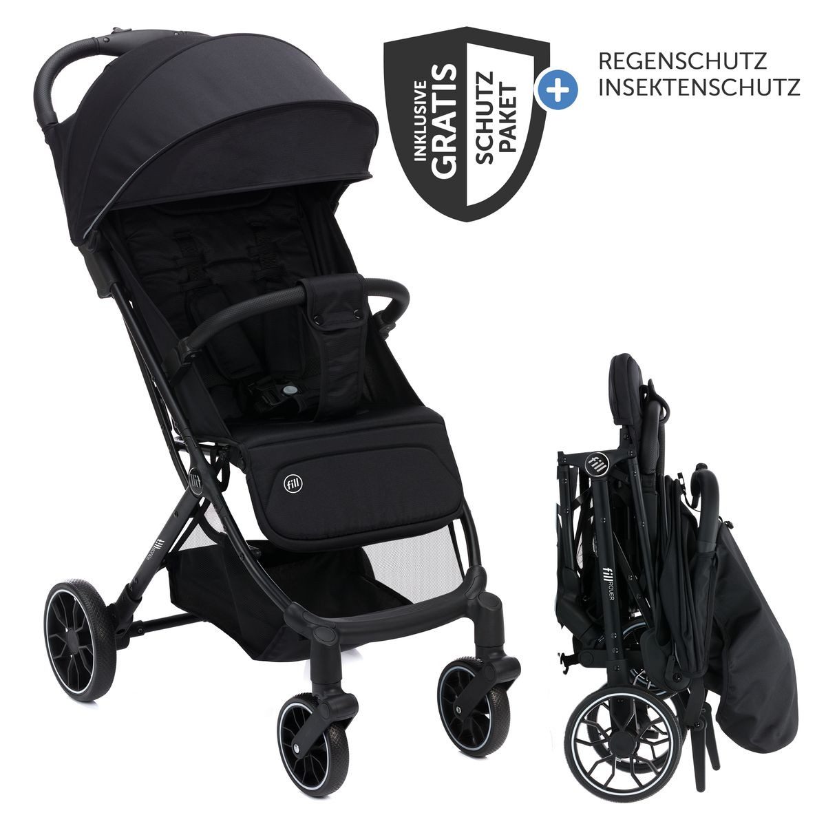 Fillikid Kinder-Buggy Fill Rover - Schwarz, Sportwagen mit Liegefunktion, Trollyfunktion & Zubehör bis 22 kg