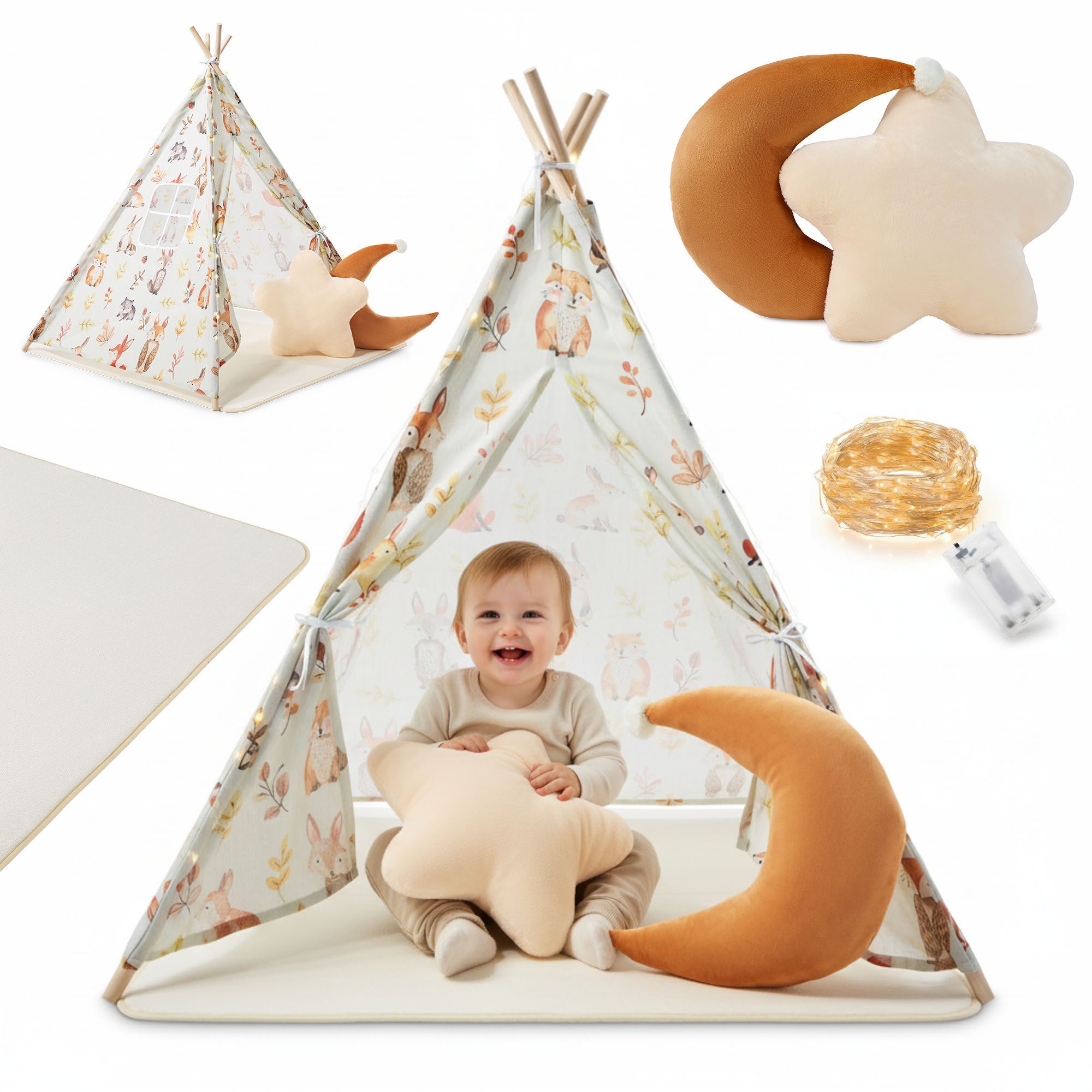 Mamabrum Spielzelt Mamabrum Kinder Tipi Zelt mit Matte, Kissen und LED