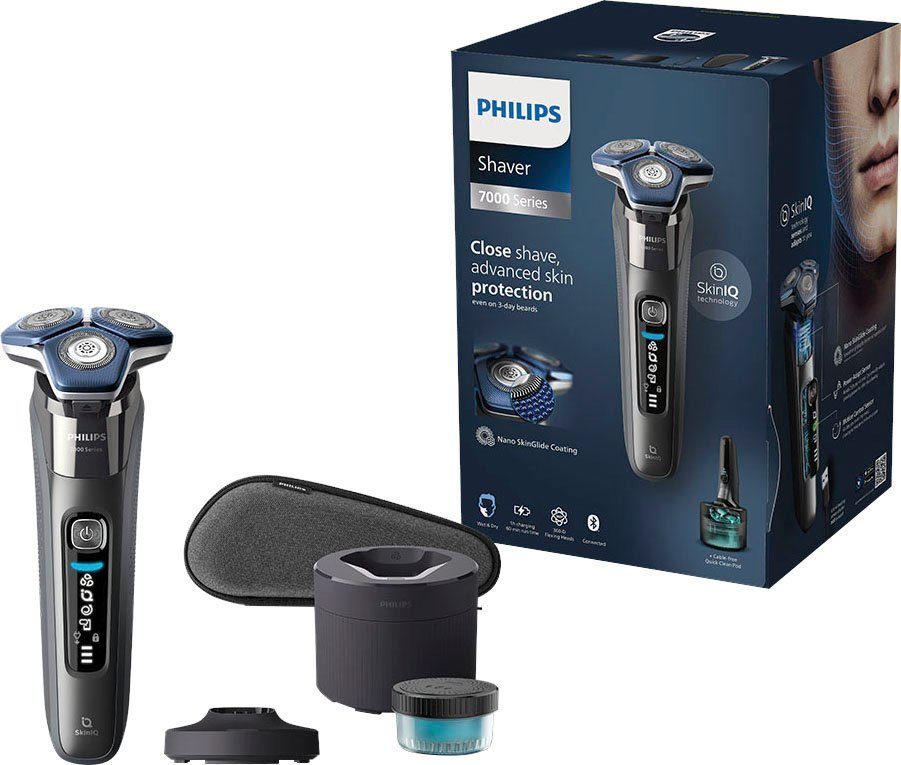 Philips Elektrorasierer Shaver Series 7000 S7887/55, Reinigungsstation,  ausklappbarer Präzisionstrimmer, 1 Reinigungskartusche, Etui, Ladestand,  mit SkinIQ Technologie | Haarschneider