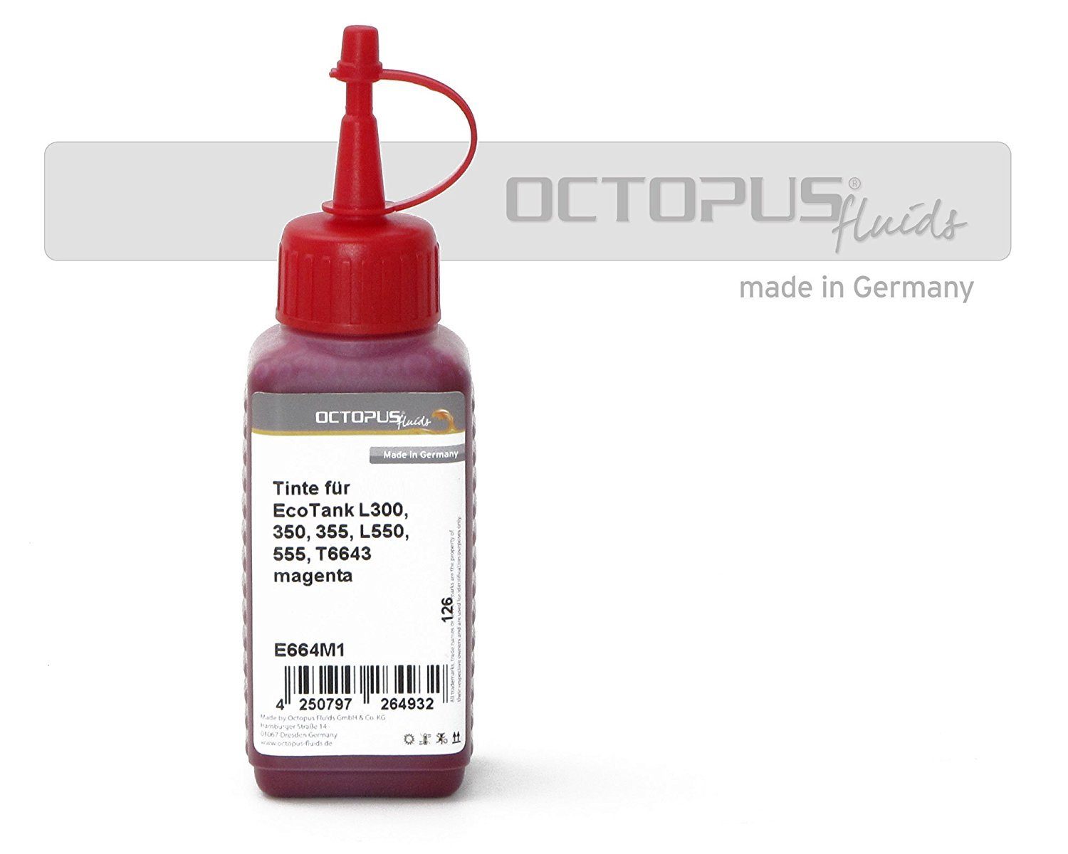 OCTOPUS Fluids Druckertinte für Epson EcoTank L300, L355, L555 Drucker, T6643 magenta Nachfülltinte (für Epson, 1x 100 ml) Magenta 100ml