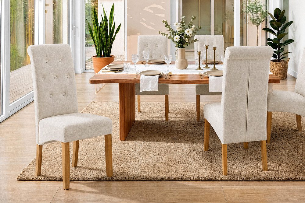 riess-ambiente Esszimmerstuhl CASA beige - Leinen, Massivholzbeine, mit Zierknöpfen und Nackenrolle (Einzelartikel, 1 St), Polsterstuhl mit Ziersteppung - ideal für Küche, Wohn- und Essbereich