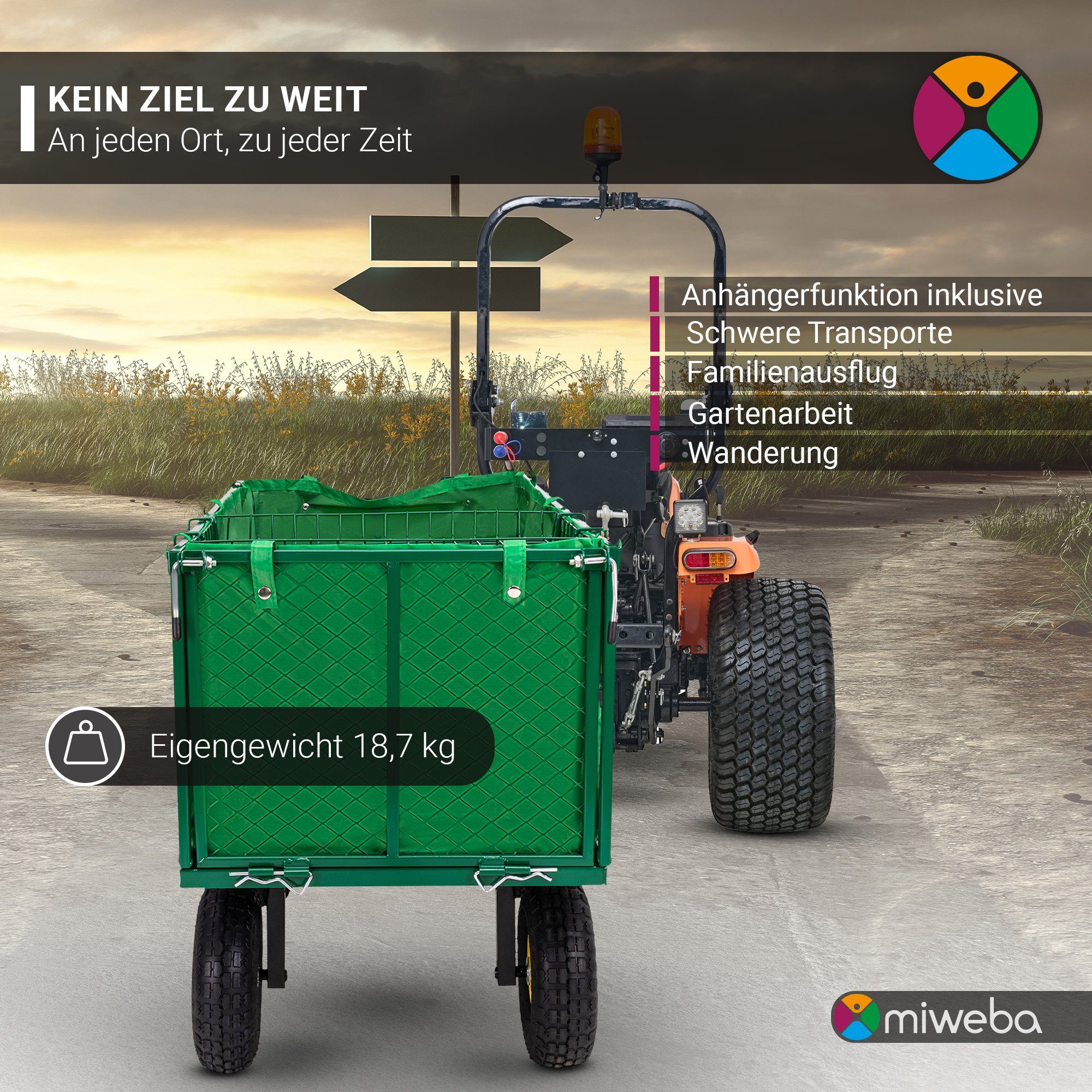 miweba Bollerwagen Gartenwagen Transportkarre MB-550 (deichselgeführte Lenkachse, Anhängerfunktion, Bordwände klapp- und abnehmbar, Luftreifen, 1-tlg., 550 KG Traglast - 190 L Volumen - Klappbare Wände - Kippbar), Transportwagen - Gartenkarre- Gartenwagen - Schubkarre