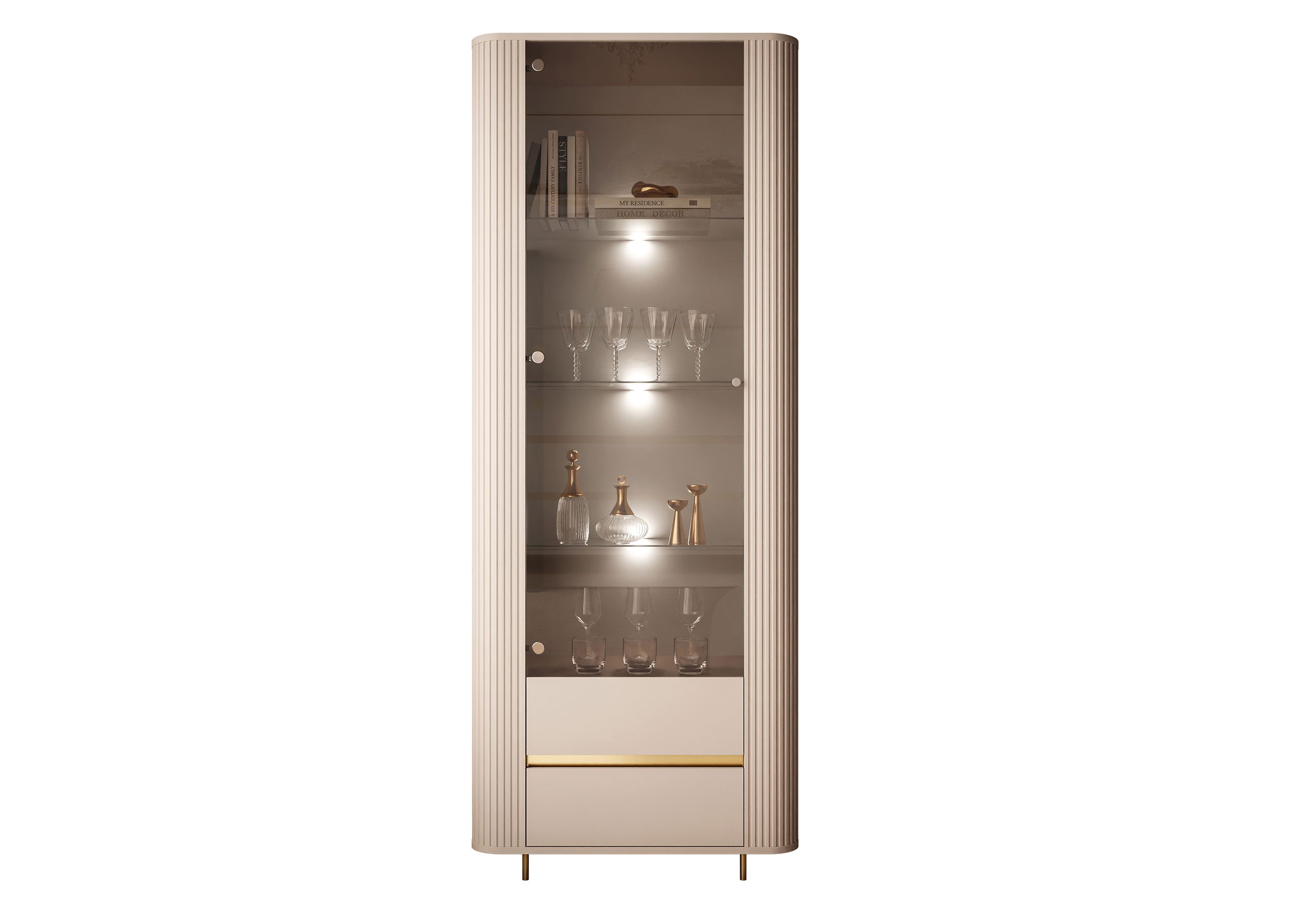 Lookway Glasvitrine MIRAGE GOLD mit LED-Beleuchtung und geriffelten Seiten 76x40x197 cm
