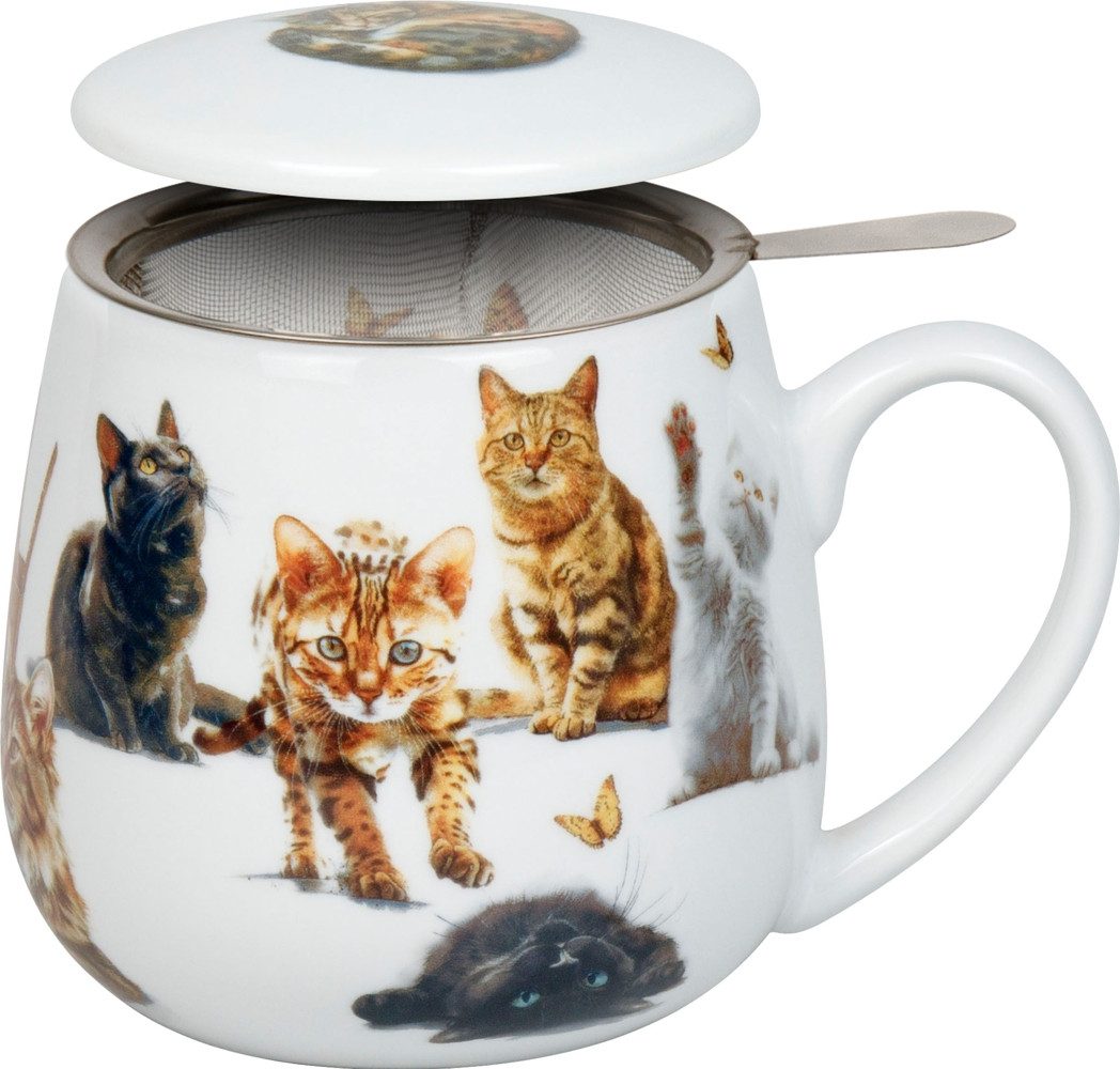 Könitz Tasse Samtpfoten Teetasse mit Sieb und Deckel Porzellan 0,4L, 3-tlg. Set