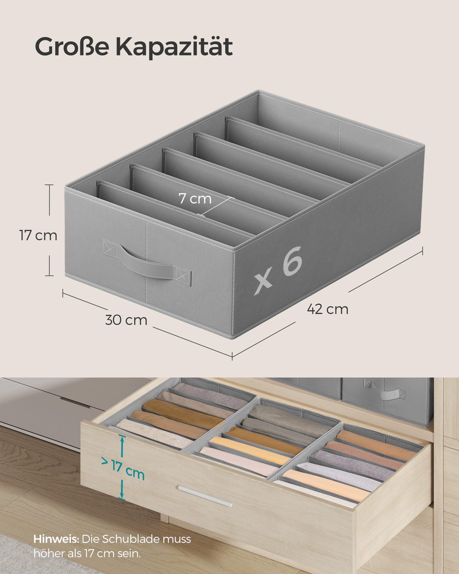 SONGMICS Aufbewahrungsbox Kleiderschrank-Organizer, 42 x 30 x 17 cm, für Hosen, Kleidung (4 St), 6 Fächer, Schubladen-Ordnungssystem, Ordnungsboxen faltbar