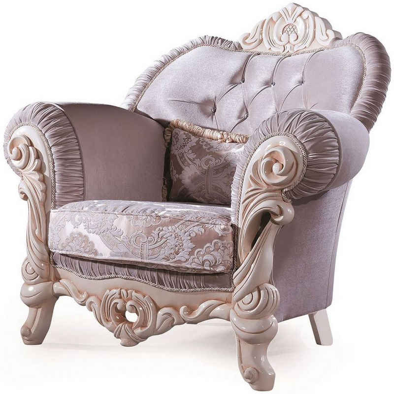 Casa Padrino Sessel Luxus Barock Sessel mit dekorativem Kissen Flieder / Creme / Beige 100 x 80 x H. 110 cm - Massivholz Wohnzimmer Sessel mit edlem Samtstoff und Glitzersteinen