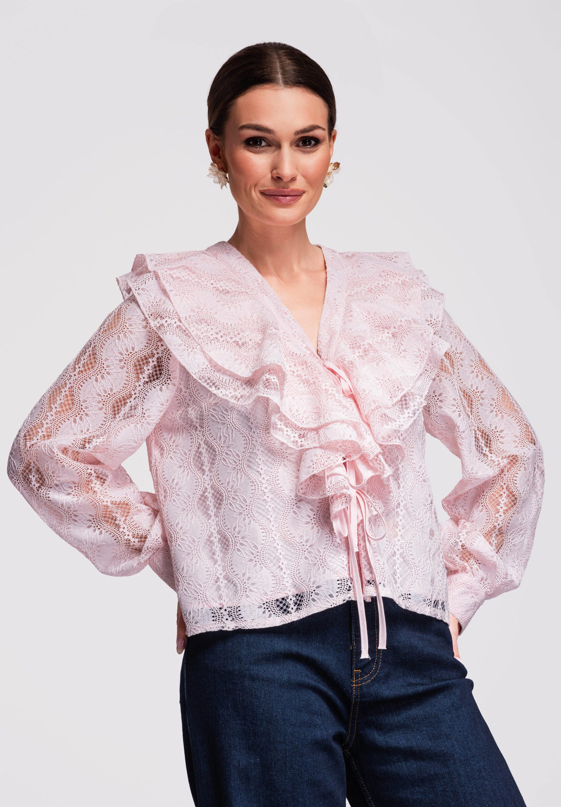OMBRE Langarmbluse Langarmbluse Damen Spitze Loose Fit Rose L (kein Set, 1-tlg) Ajour-Spitze, dekorative Rüschen