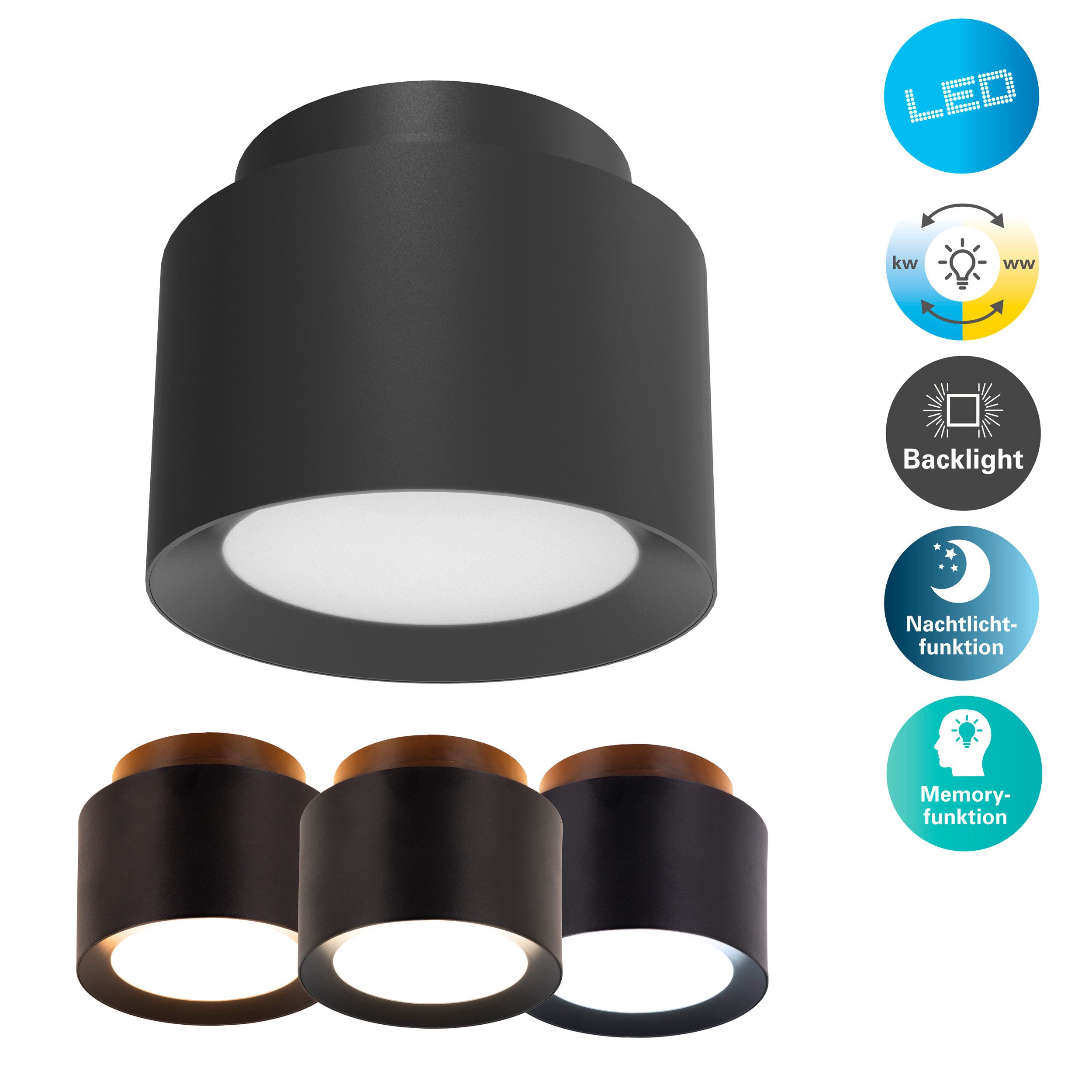 näve LED Deckenleuchte Trimes, Dimmfunktion, Memoryfunktion, Nachtlichtfunktion, LED wechselbar, warmweiß - kaltweiß, rund, dimmbar, CCT per Schiebeschalter, Nachtlicht, Backlight, Memory