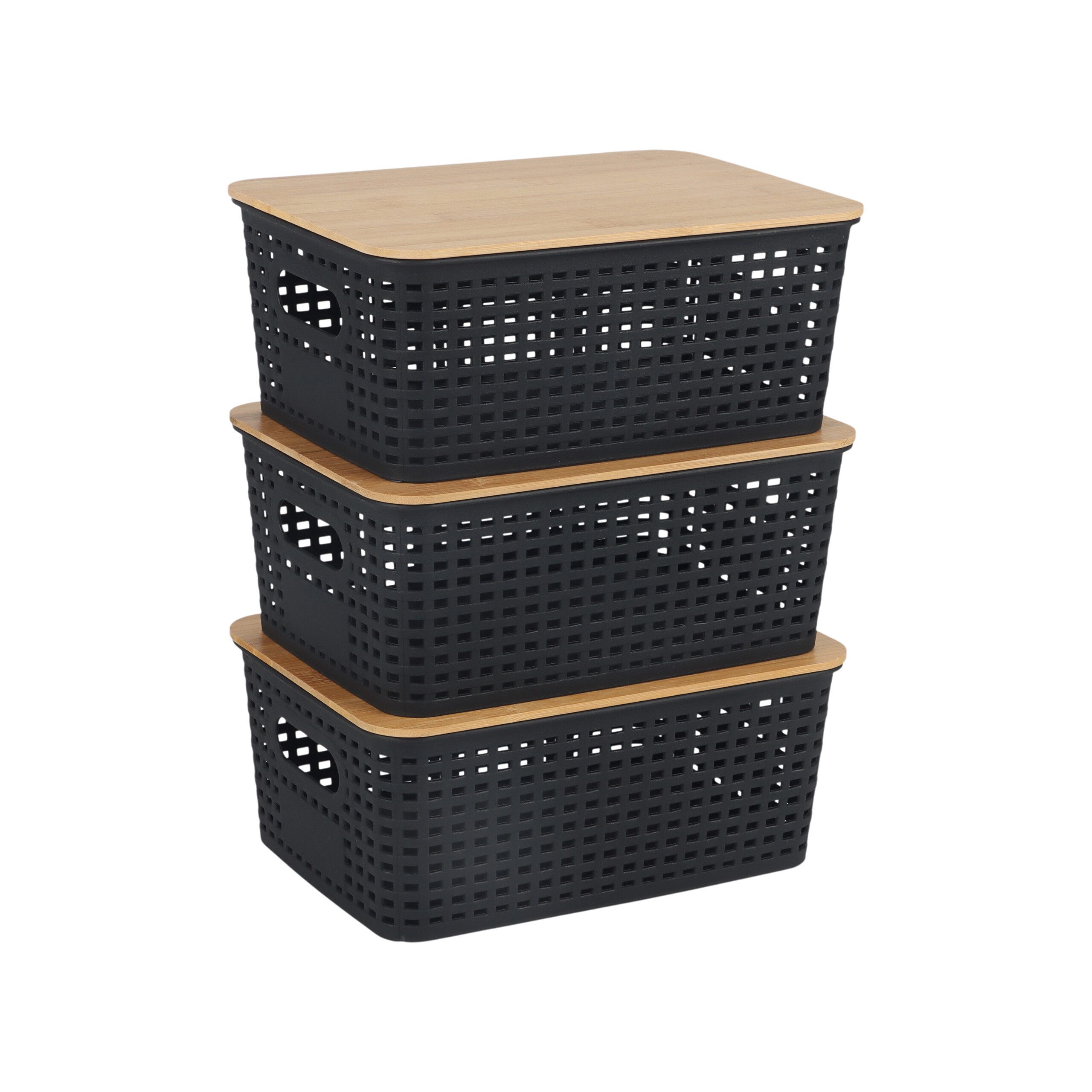 relaxdays Aufbewahrungsbox mit Bambusdeckel im Set (3 St), schwarz, 3er-Pack