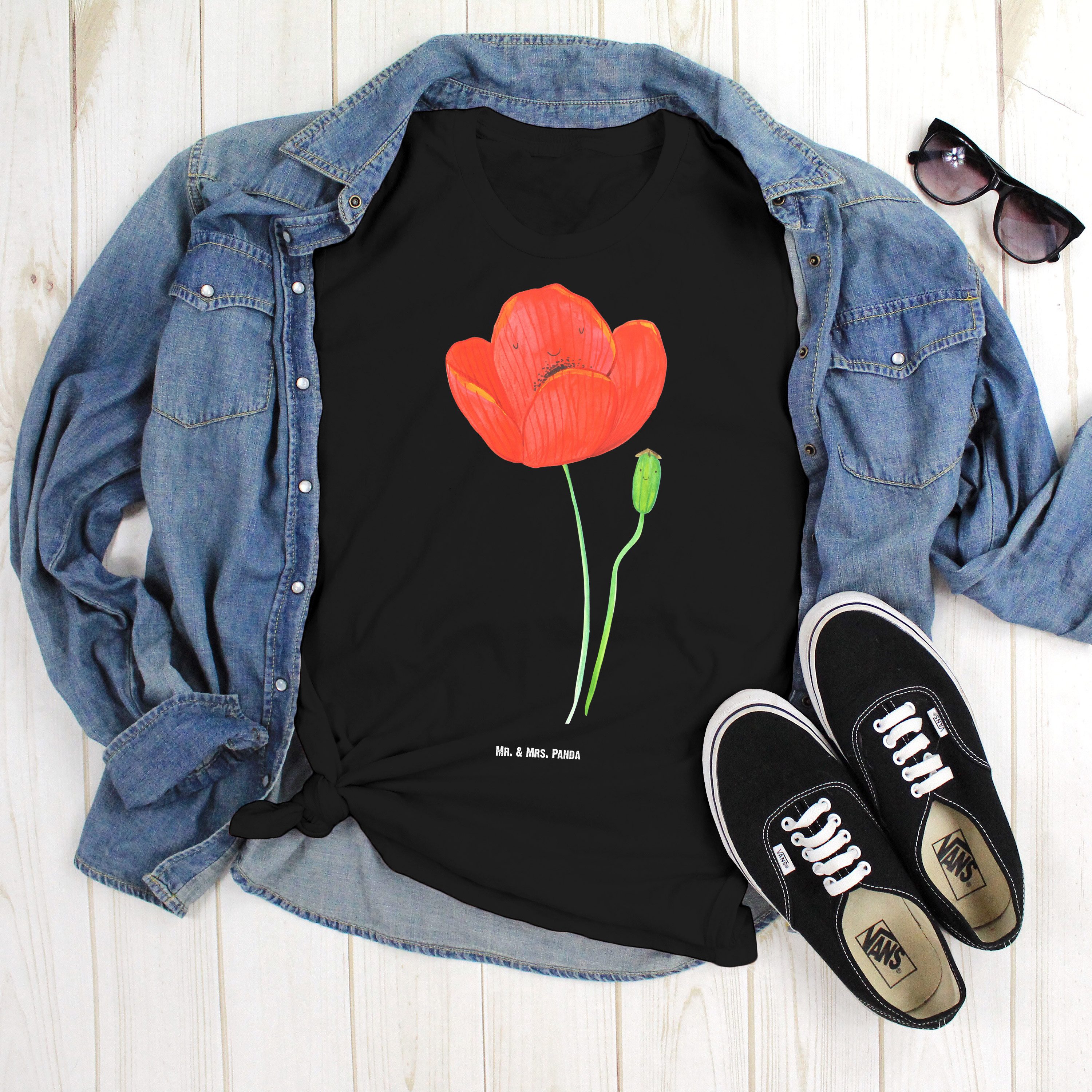 Mr. & Mrs. Panda T-Shirt Blume Mohnblume, Größe XL T-Shirt, Schwarz, Shirt, Tshirt, Mohnblume, (Packung) Glaube Mohn Naturliebe