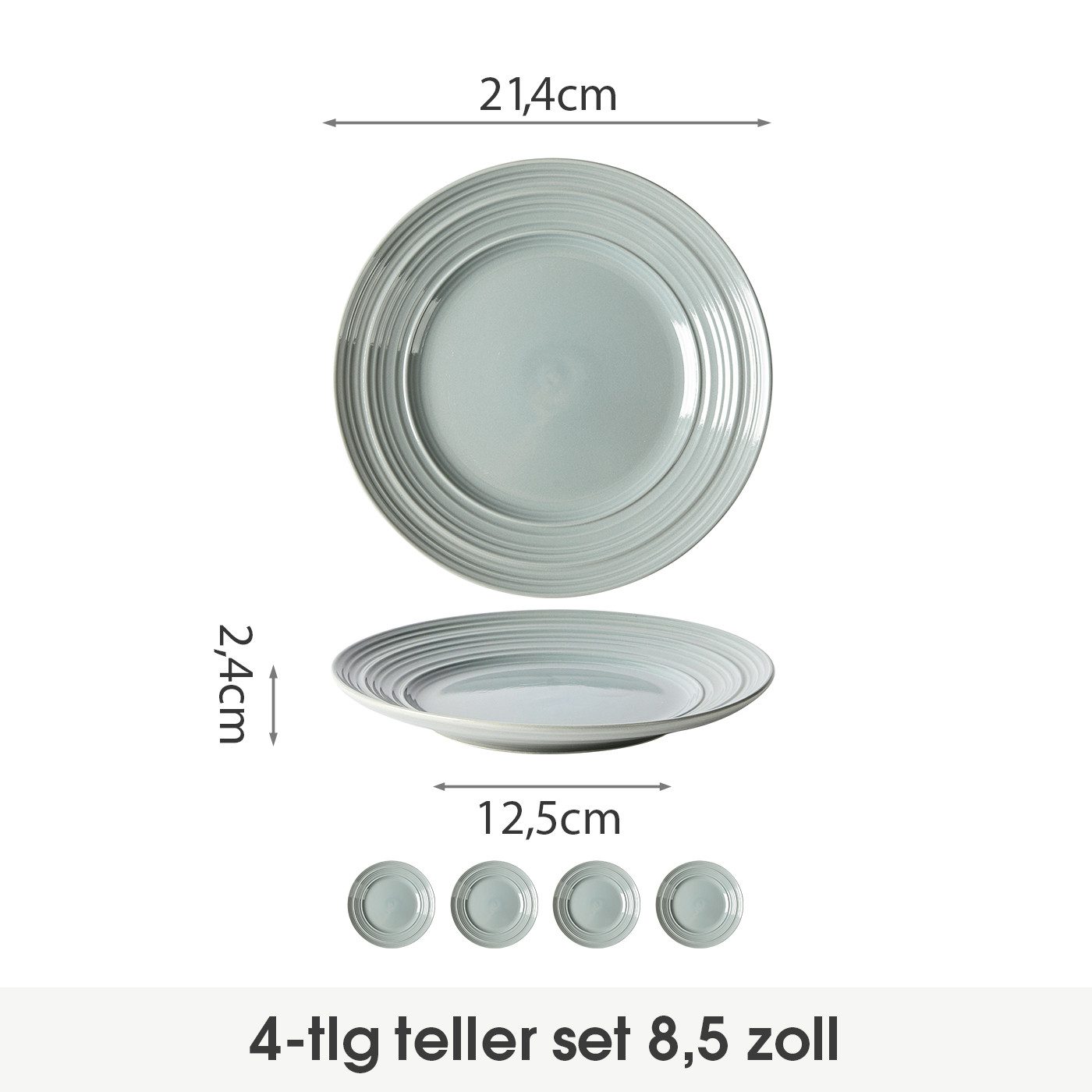 JIWOO Teller 4er Ø21,4cm, Salatteller Frühstücksteller Pastateller Dessertteller, (4 St), Keramik Hochwertiges Tellerset Grau Mikrowellen spülmaschinenfest
