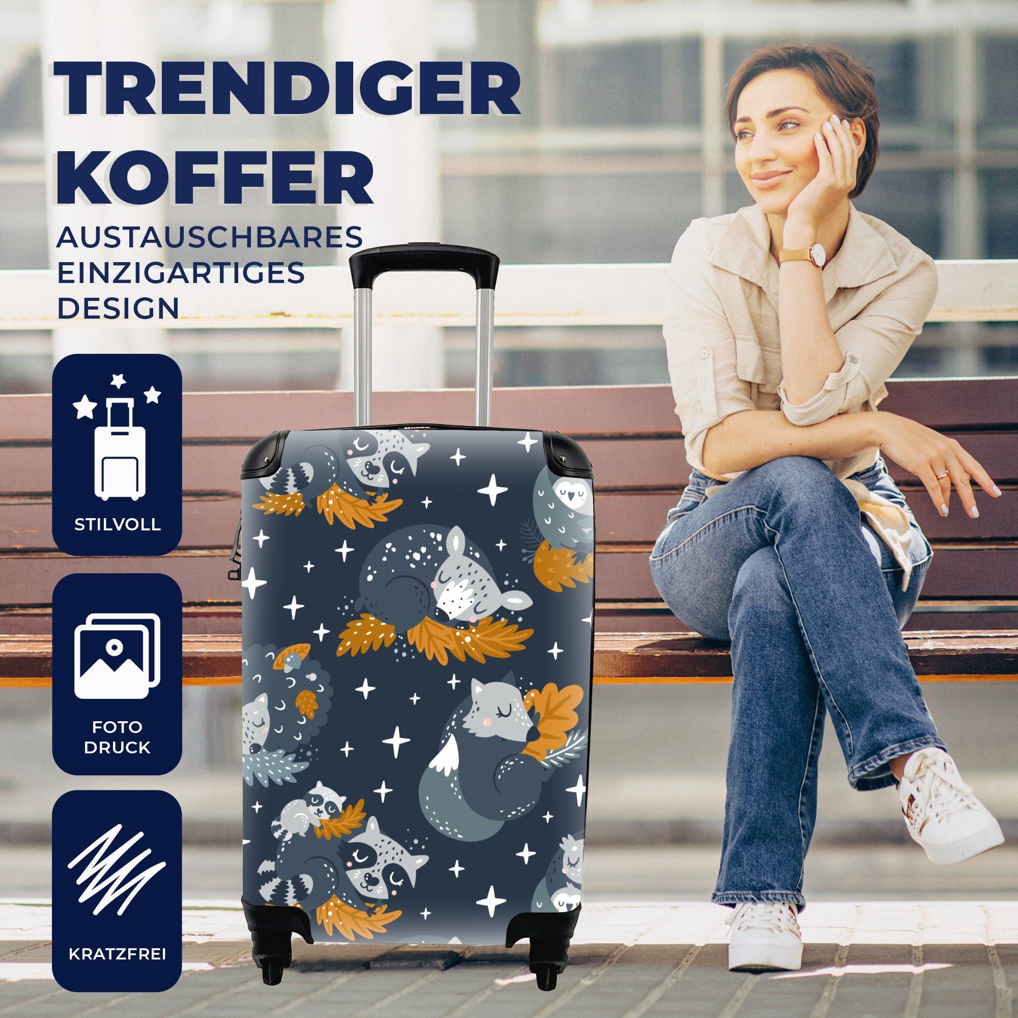 Rollen, Ferien, MuchoWow Handgepäck 4 Reisekoffer Reisetasche rollen, für - Sterne, mit Muster Tiere Trolley, - Handgepäckkoffer