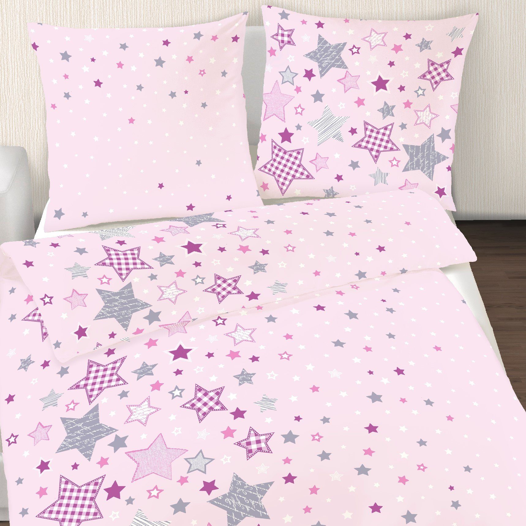 Bettwäsche Sterne 135x200 + 80x80 cm 2 tlg., 100 % Baumwolle in Fein-Biber,  MTOnlinehandel, Biber, 2 teilig, Kinderbettwäsche mit vielen Sternen &  Sternchen in rosa, lila & grau