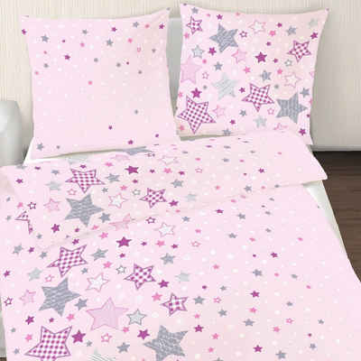 Bettwäsche Sterne 135x200 + 80x80 cm, 100 % Baumwolle, MTOnlinehandel, Biber, 2 teilig, Kinderbettwäsche mit vielen Sternen & Sternchen in rosa, lila & grau