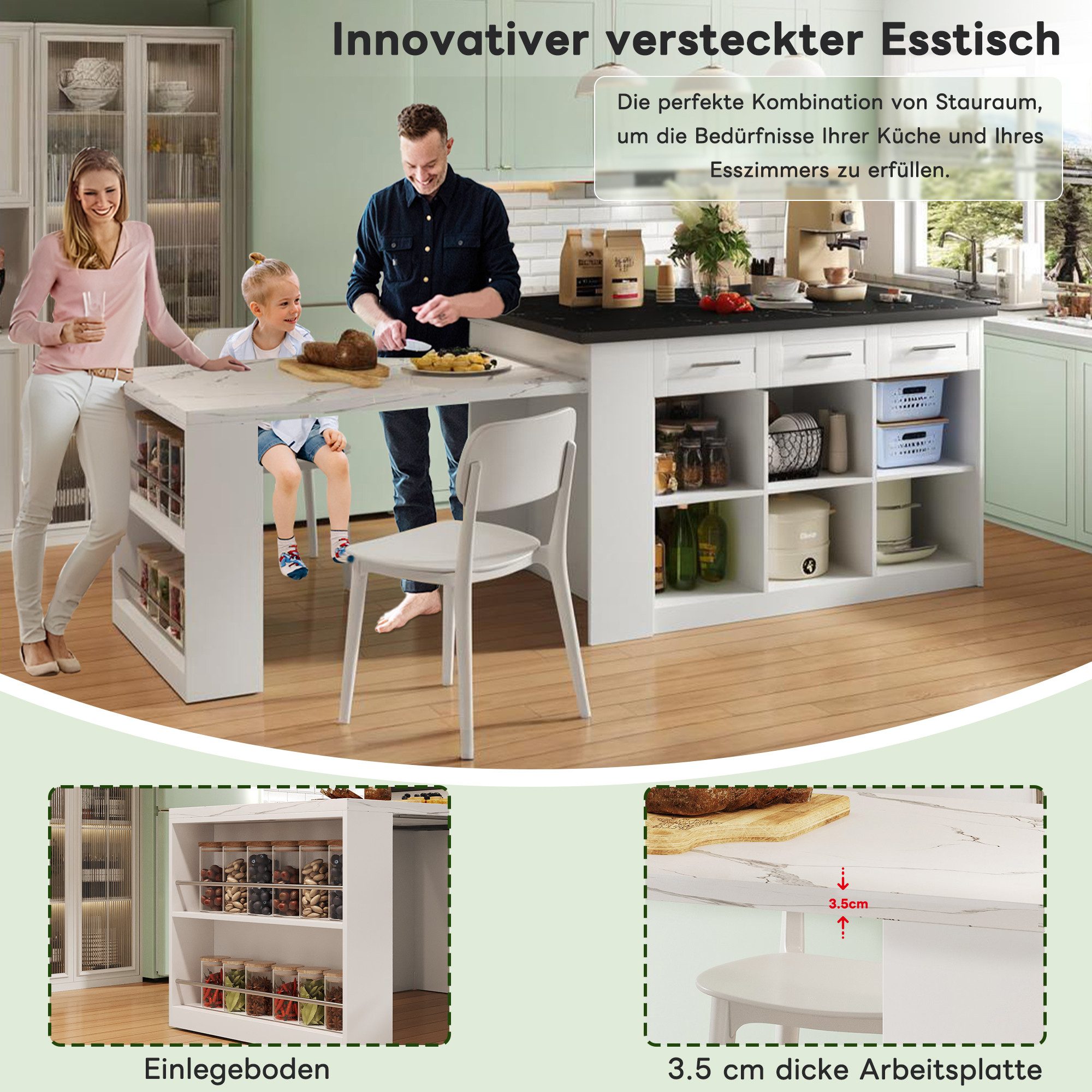 MC Star Küchenwagen Multifunktionale Kücheninsel mit 150cm+96cm, weißer ausziehbarer, (marmorierte Holzarbeitsplatte/Tisch, integrierte Stauschränke, ideal für Familienküchen)