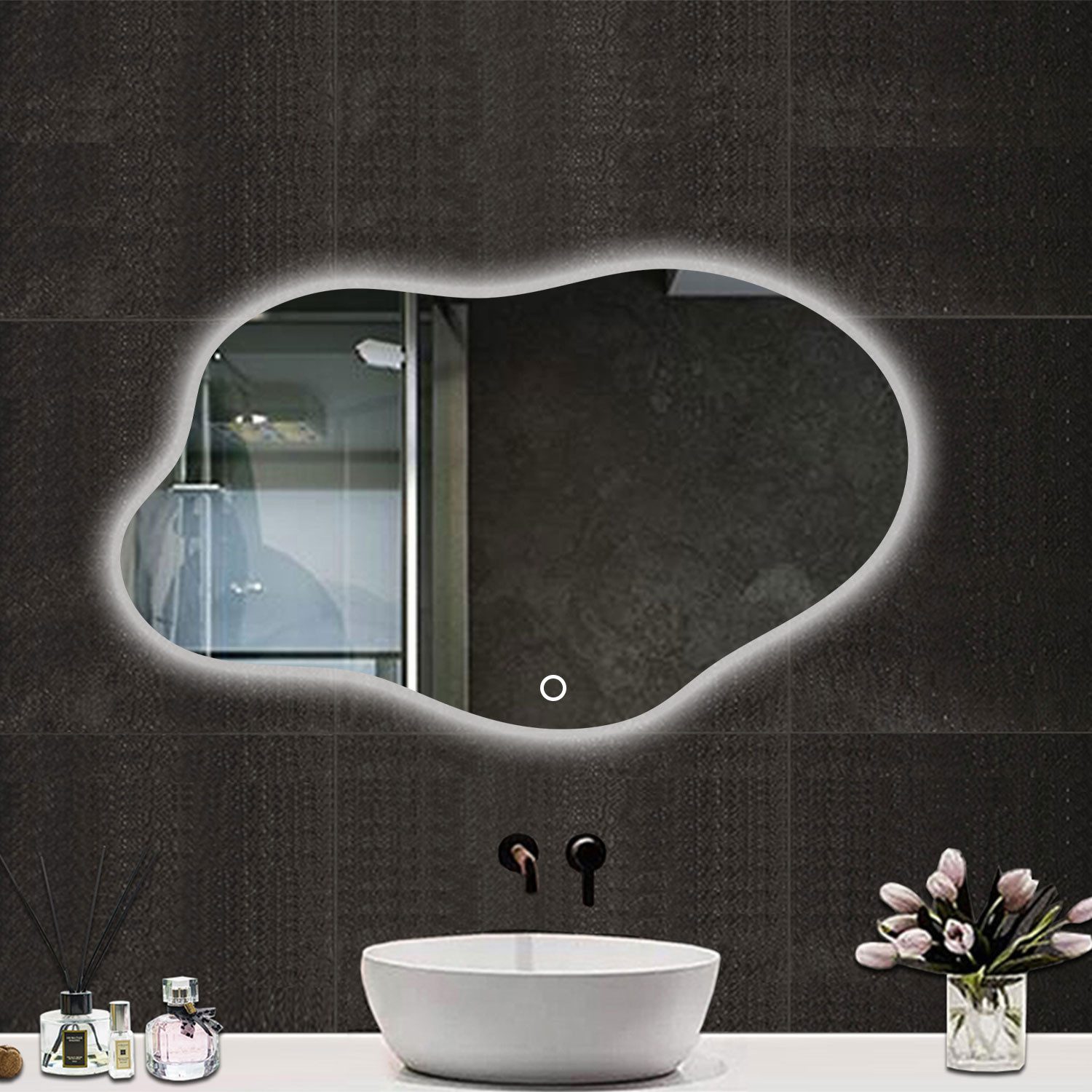 duschspa Badspiegel Spiegel mit Beleuchtung wandspiegel Asymmetrisch Dekospiegel (Wolke), Netral/Warm/Kaltweiß, Beschlagfrei, Touch+Wandschalter, Dimmbar