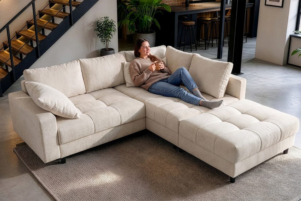 riess-ambiente Ecksofa KENT 220cm champagner beige - Chenille, FSC, inkl. Hocker & Kissen, Set 2 Teile, L-Förmige Wohnlandschaft mit Federkern - ideal für Wohnzimmer & Lofts