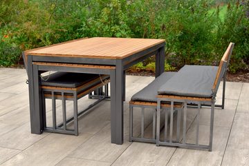 MERXX Garten-Essgruppe Milos, (Set, 10-tlg., 4 Bänke (2x mit und 2x ohne Rückenlehne), 2 Tische, 4 Sitzkissen), Set ist komplett ineinander verstaubar, geeignet für 12 Personen