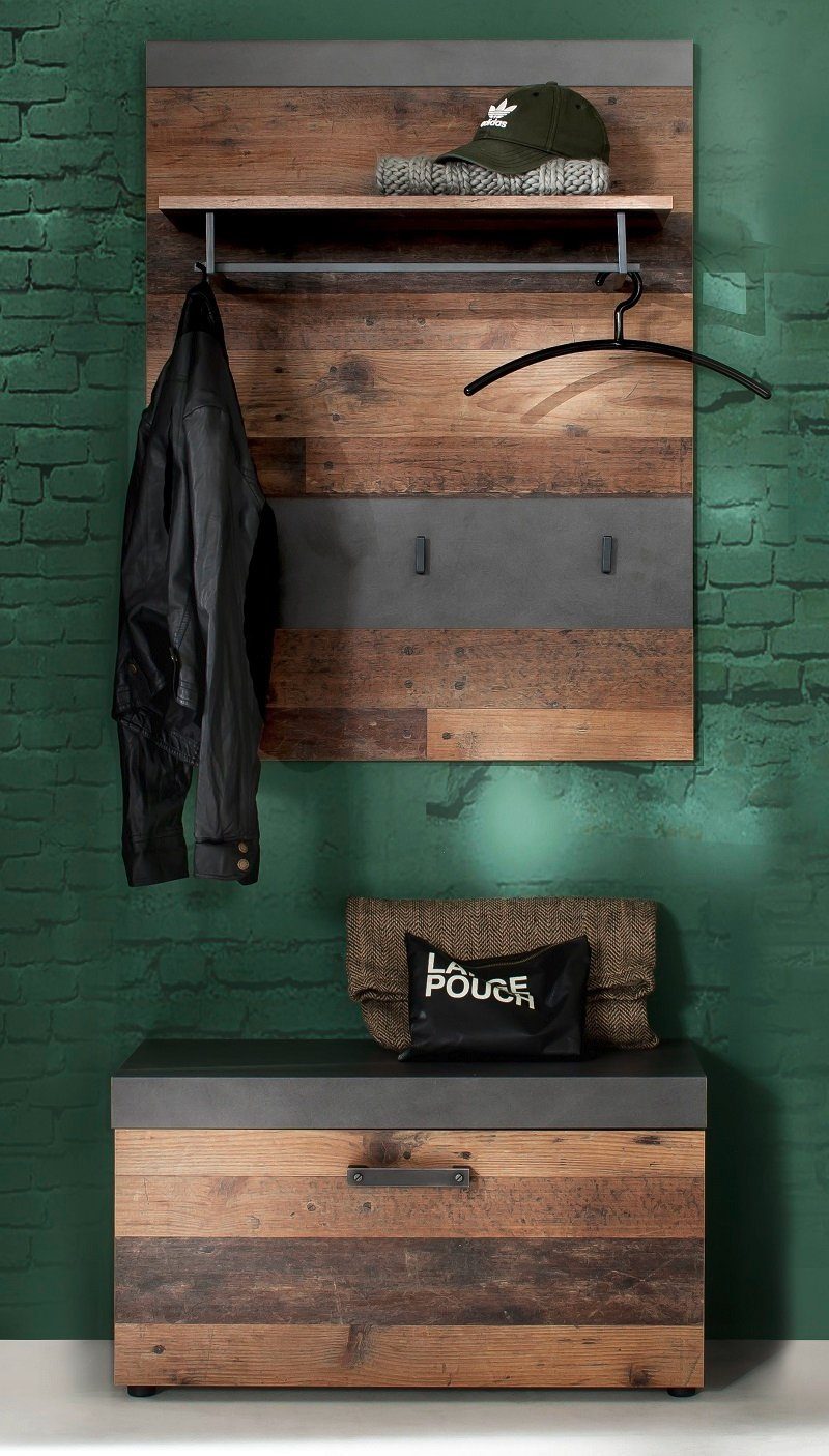 trendteam Garderoben-Set Garderoben-Set Indy 1, Old Used Wood / Matera grau, 2-teilig Shabby, (2-St)