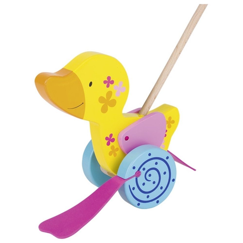 goki Schiebestab Schiebetier Ente, Susibelle gelb-pink-hellblau Holz-Schiebetier, (Set, 2-tlg), mit Watschelfüßen