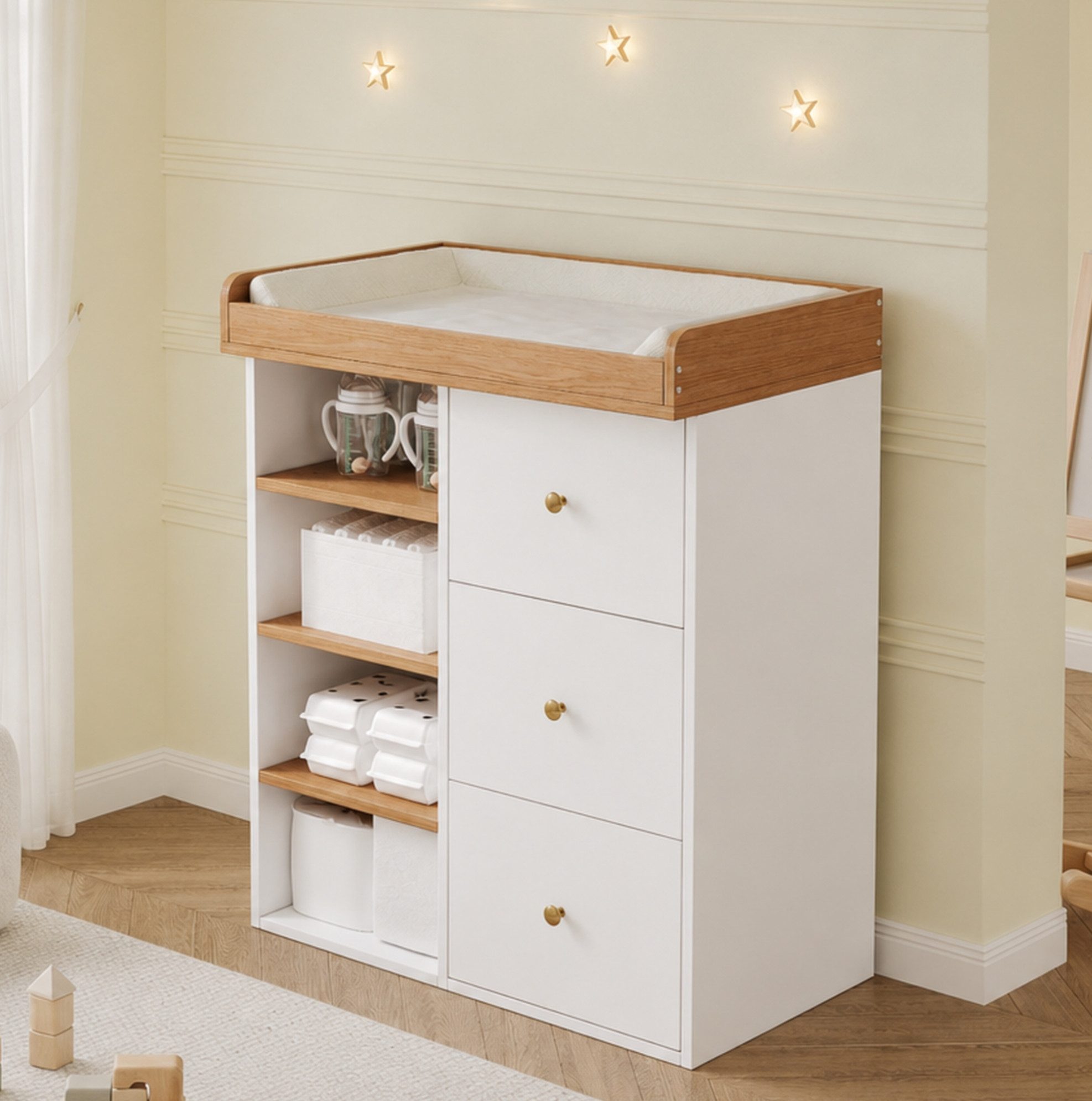 OKWISH Wickelkommode Baby-Wickeltisch mit Stauraum & abnehmbarem Geländer, Schubladen, Seitenfächer, 82×50×100 cm, Weiß+Natur
