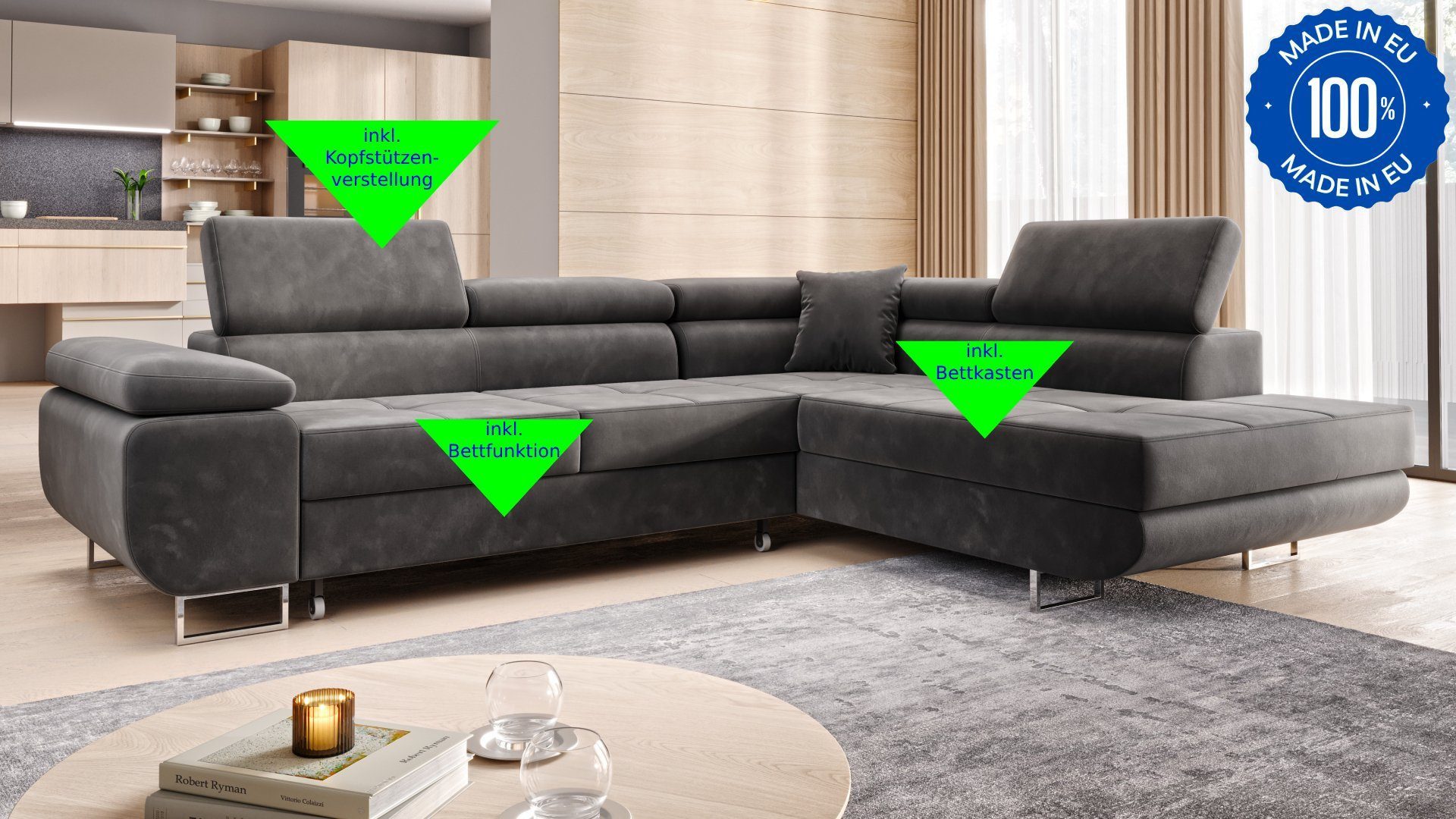 M-Punkt24 Wohnlandschaft MIAMI, Samtstoff Grau Anthrazit, Ottomane rechts oder links, mit Bettfunktion, mit Bettkasten, verstellbare Kopfstützen