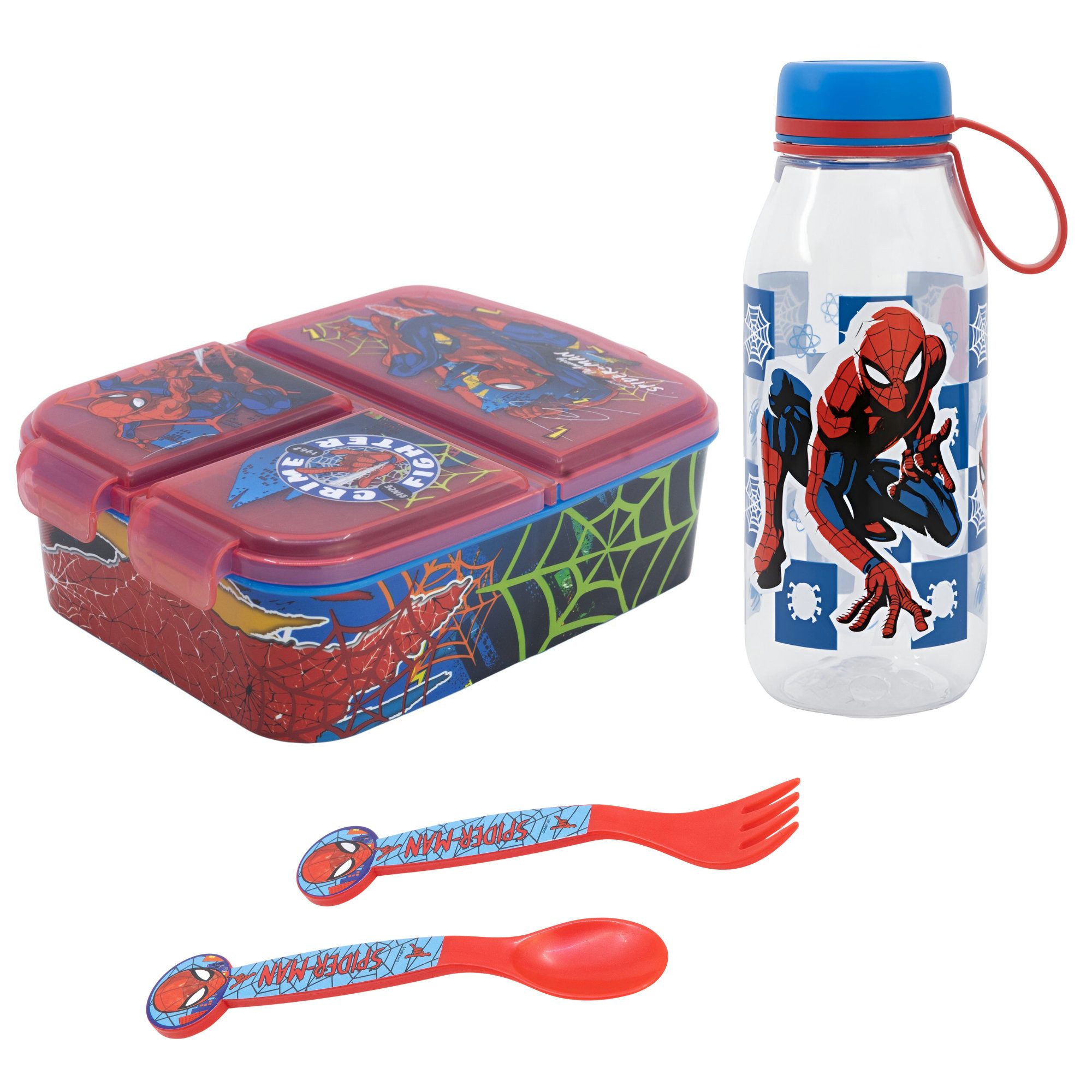 MARVEL Lunchbox Marvel Spiderman 4 teiliges Kinder Set Brotdose Trinkflasche Besteck, (4-tlg., Spar-Set), 460 ml