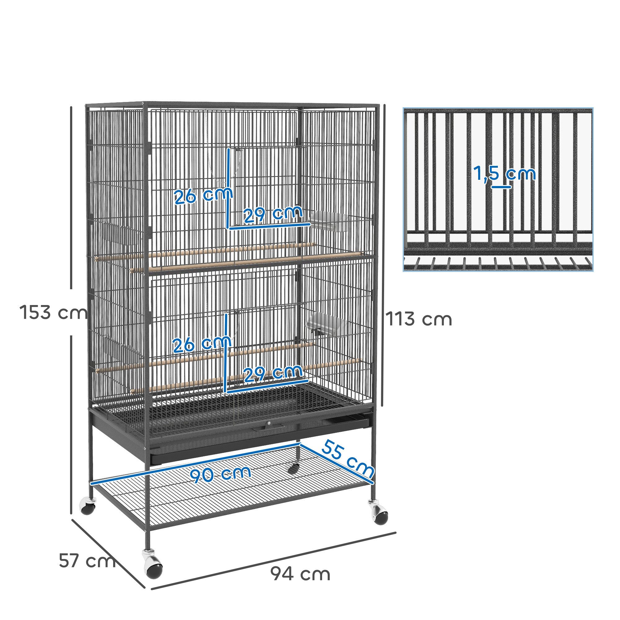 PawHut Vogelkäfig Vogelbauer Vogelvolier mit Ablage, Bodenwanne, Rollen, aus Stahl, 94 x 57 x 153 cm