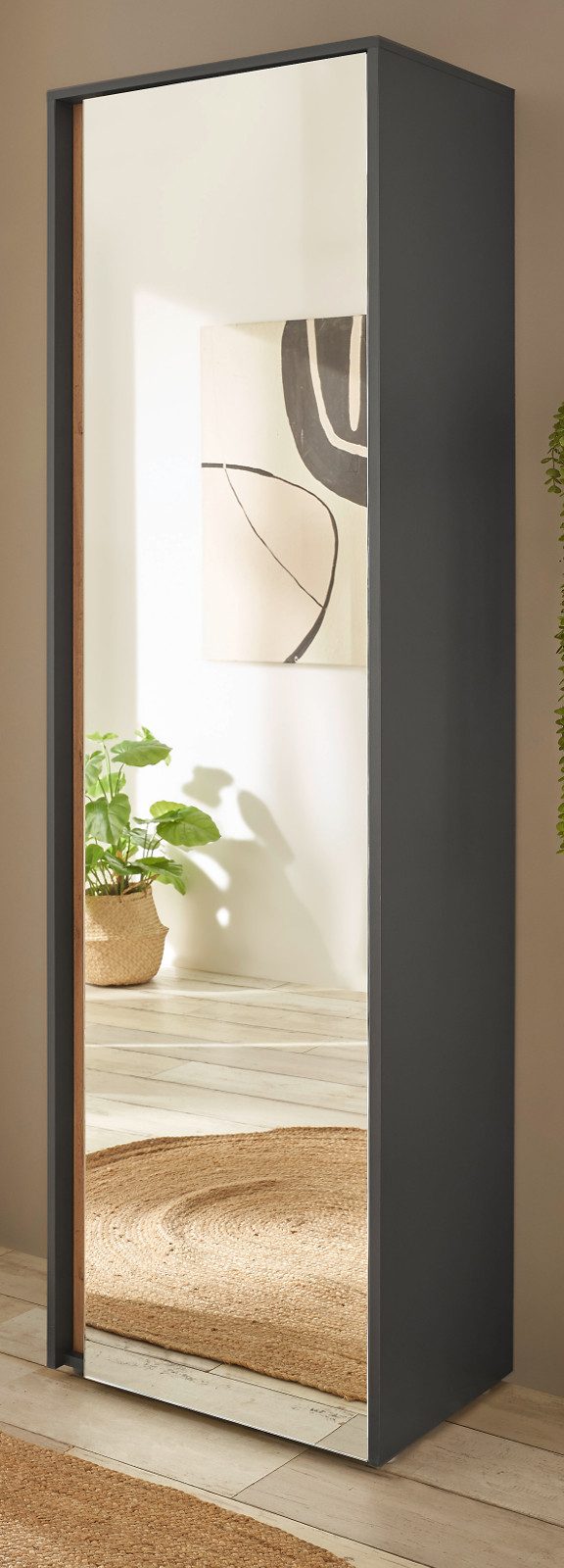 Furn.Design Garderobenschrank Center (Flurgarderobe in grau matt mit Wotan Eiche, 60 x 200 cm) große Spiegeltür und Kleiderstange