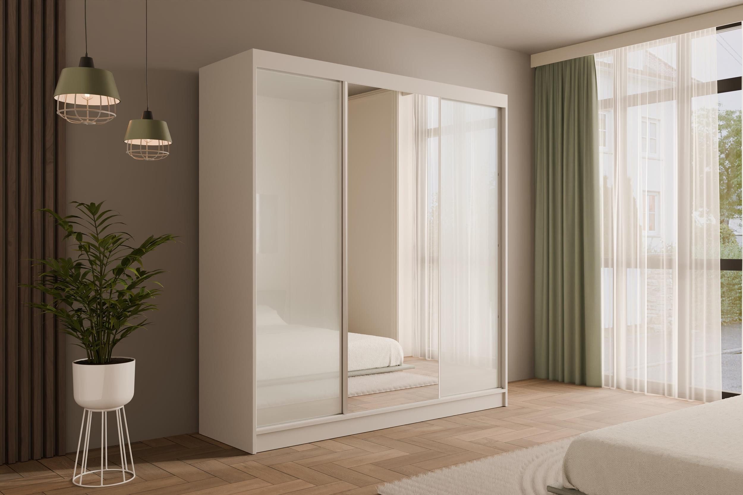 ALTDECOR Schiebetürenschrank V2-STILO (Kleiderschrank Garderobenschrank mit viel Stauraum Moderner Schrank) Spiegel Spiegeltüren Geriffelte Fronten Schwebetürenschrank