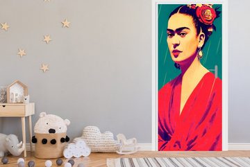 MuchoWow Türtapete Porträt - Frida Kahlo - Frau - Vintage - Rot, Matt, bedruckt, (1 St), Fototapete für Tür, Türaufkleber, 75x205 cm