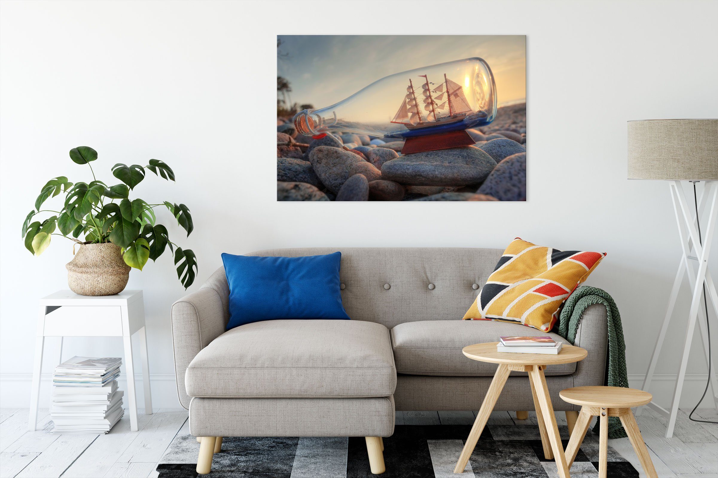 Pixxprint Leinwandbild Zackenaufhänger mit fertig Schiff, Flasche inkl. St), bespannt, Schiff Leinwandbild mit Flasche (1