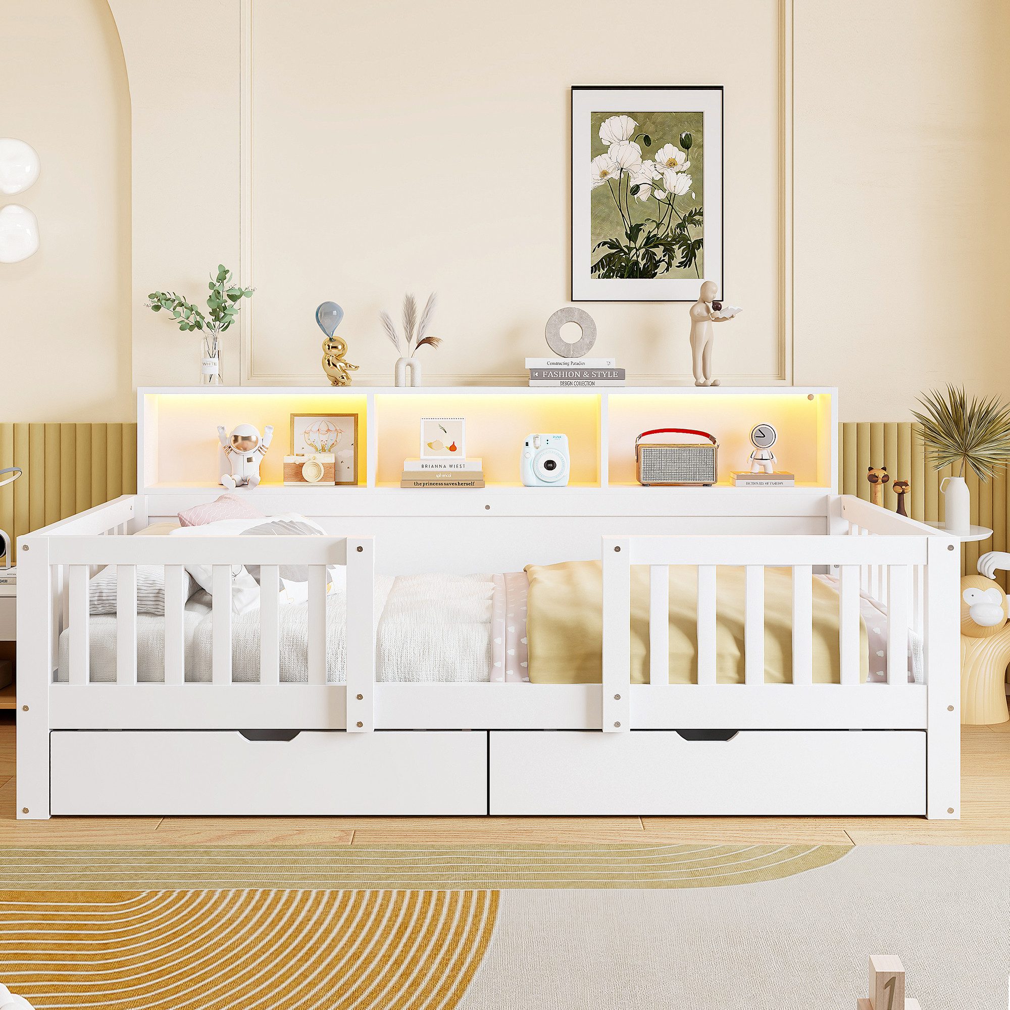 STILVORA Kinderbett 90×200 mit Stauraum Funktionbett Jugendbett, ohne Matratze (Einzelbett, Schutzgitter, Rückenlehne mit Ablagen, Holz, 2 Schubladen, LED-Beleuchtung, viel Stauraum), für Kinderzimmer, Jugendzimmer, Gästezimmer und Schlafzimmer