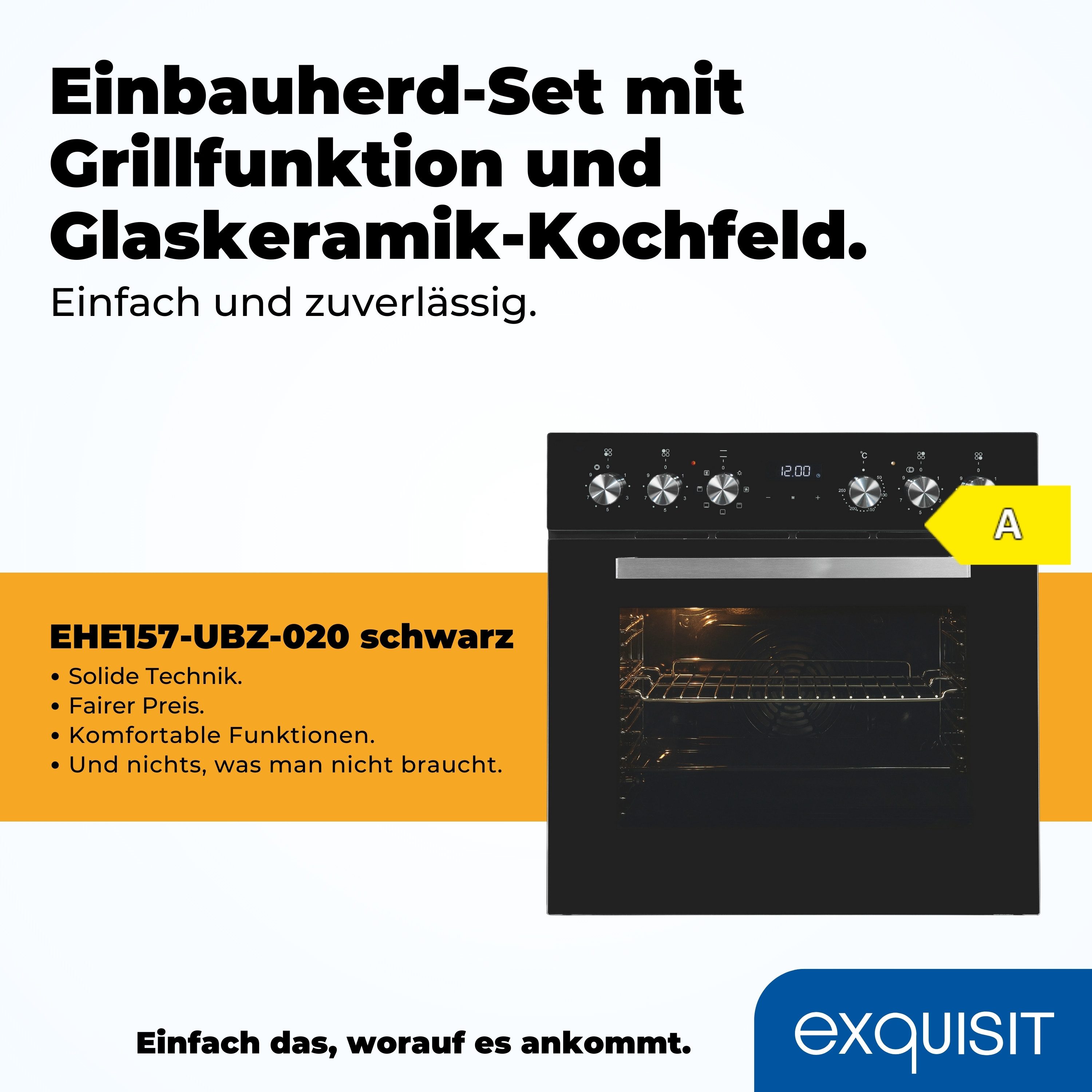 exquisit Elektro-Herd-Set EHE157-UBZ-020 schwarz, Umluft für gleichmäßige Wärme ideal für Plätzchen auf mehreren Blechen